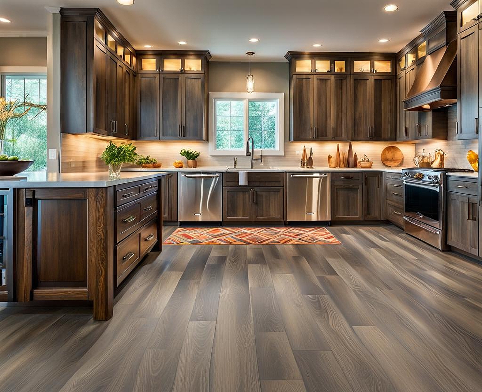 gray floors with hickory cabinets