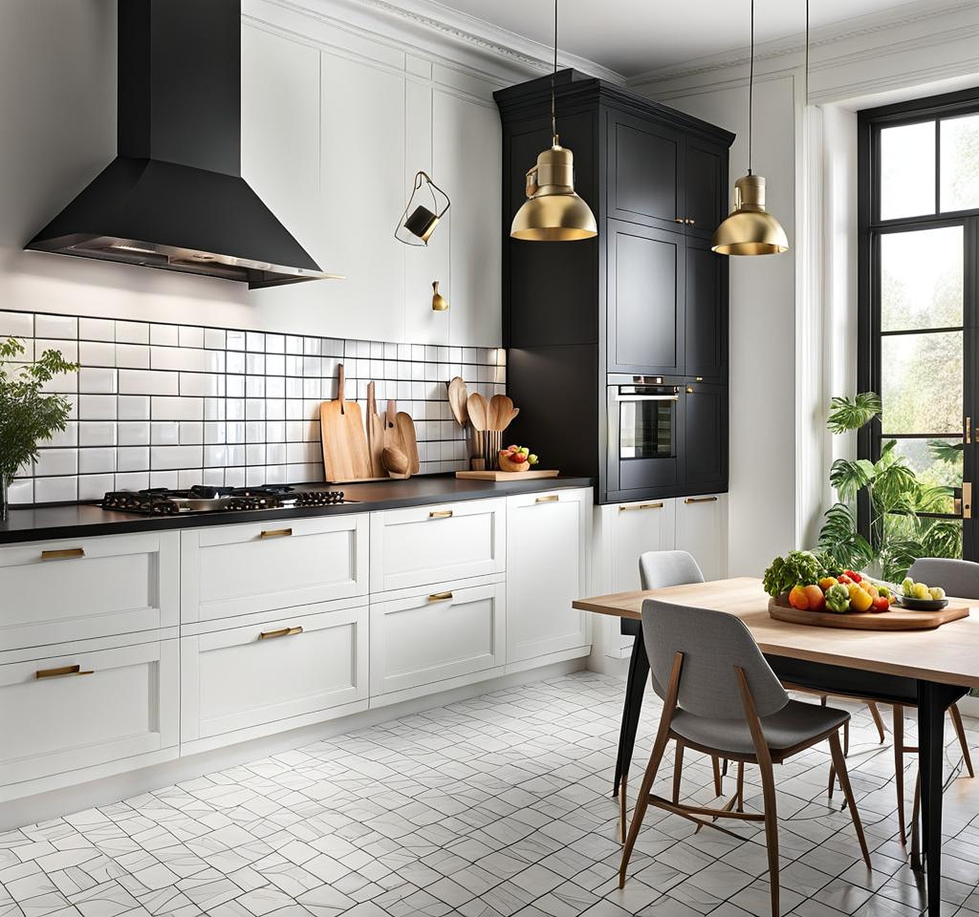 black grout, white tile kitchen