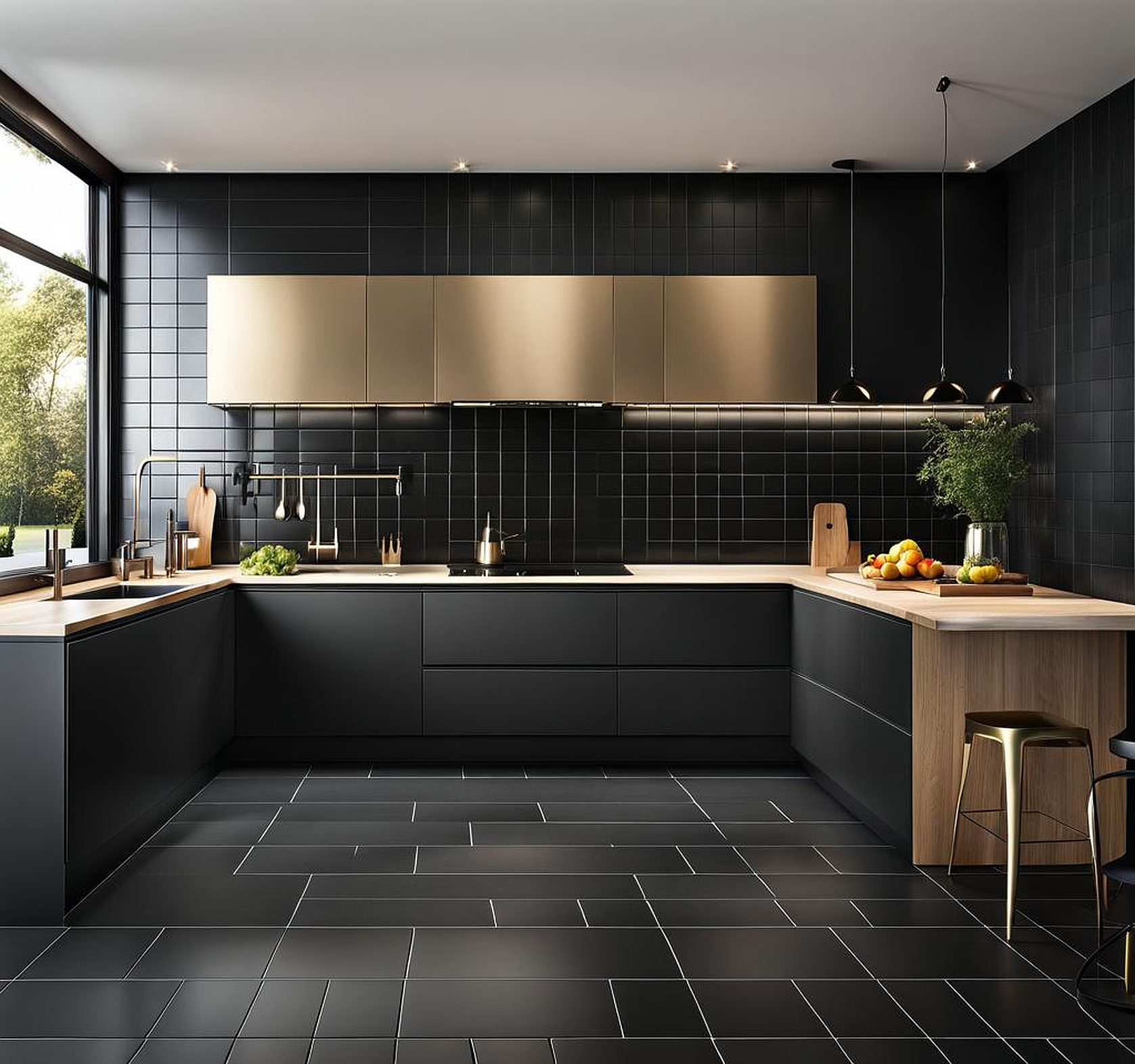 black kitchen tiles with black grout