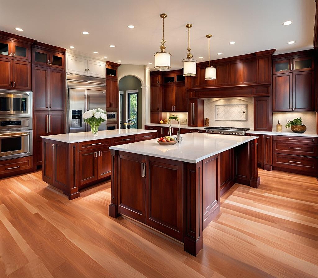 Cherry Cabinets with White Quartz Countertops for a Sophisticated and Elegant Look