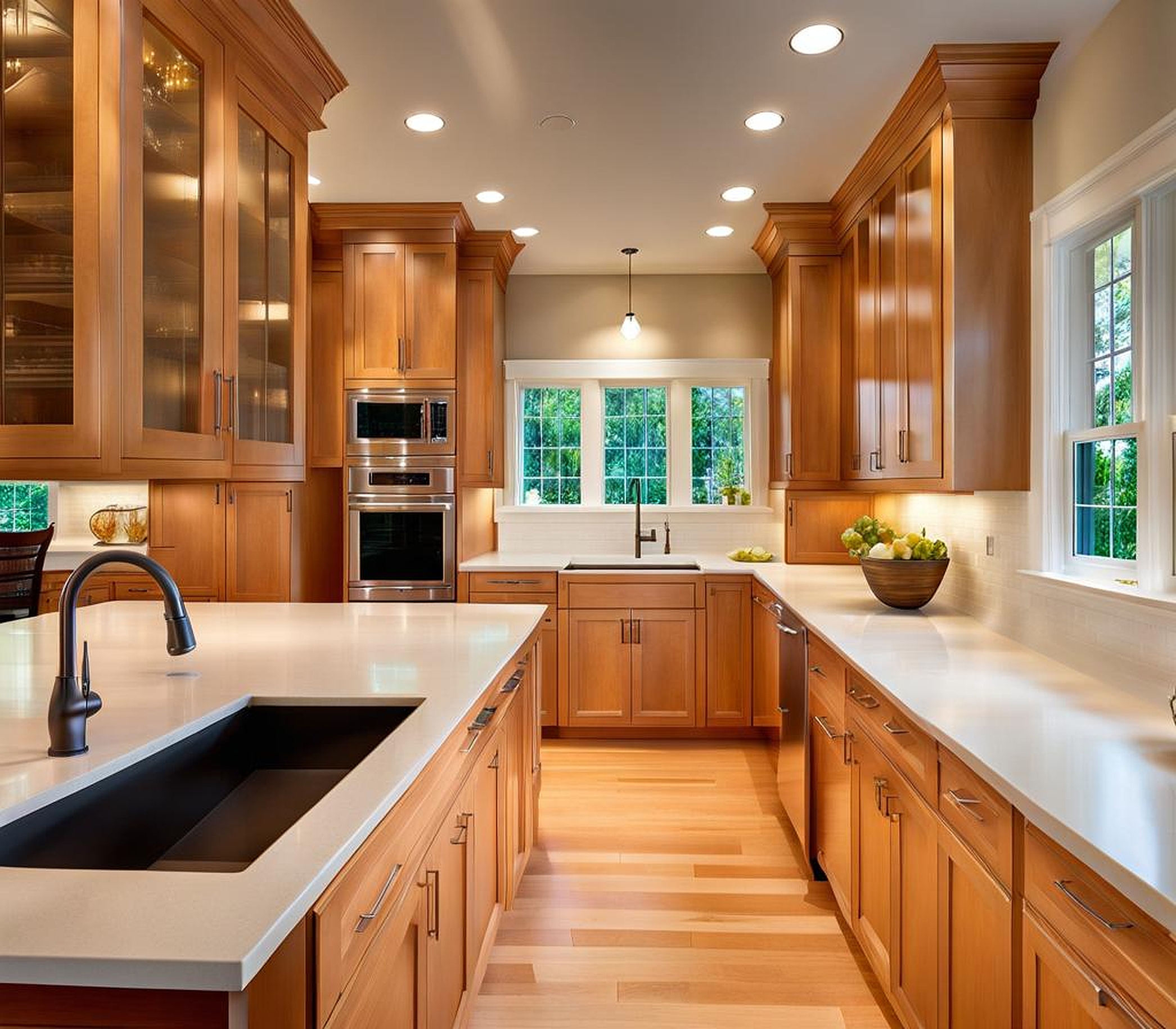 maple cabinets with white countertops