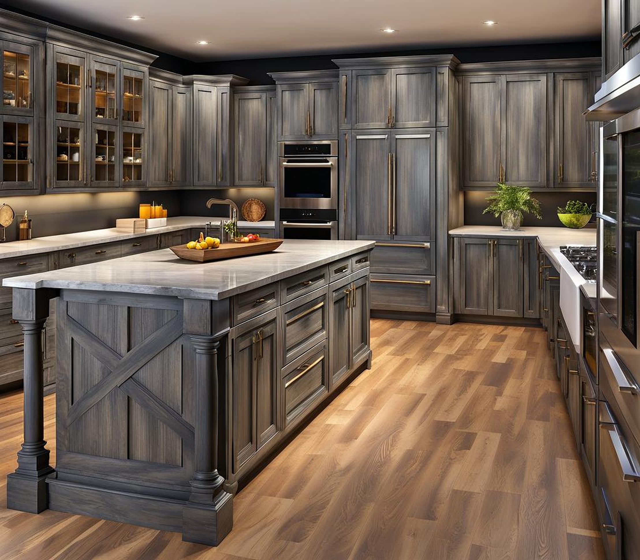 Grey Distressed Kitchen Cabinets with Unique Fixtures for an Industrial Touch