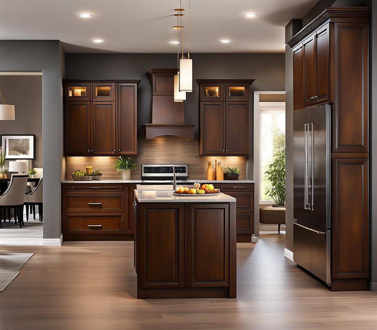 gray walls with brown cabinets