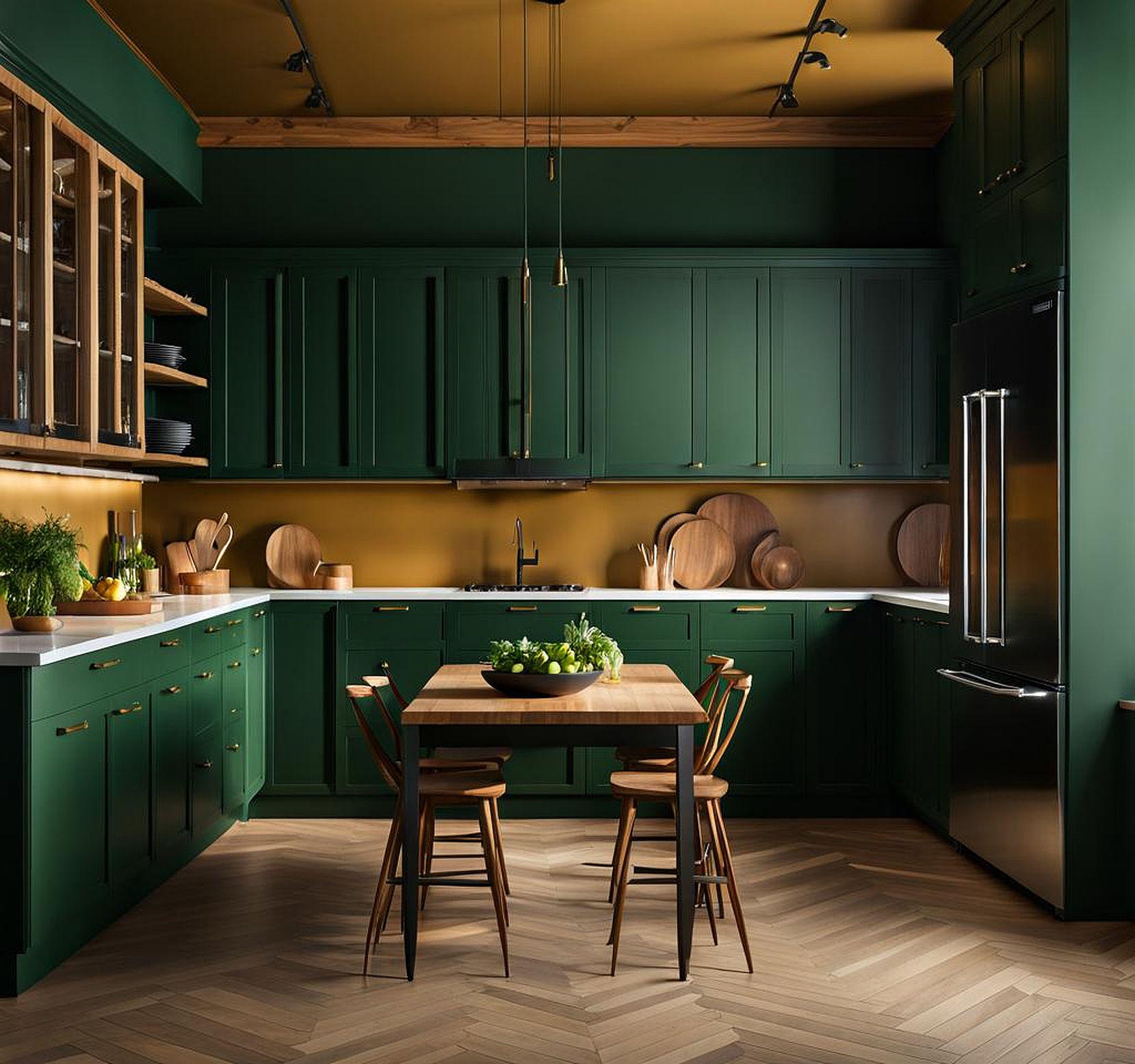 The Perfect Blend of Dark Green Kitchen Walls and Earthy Kitchen Decor