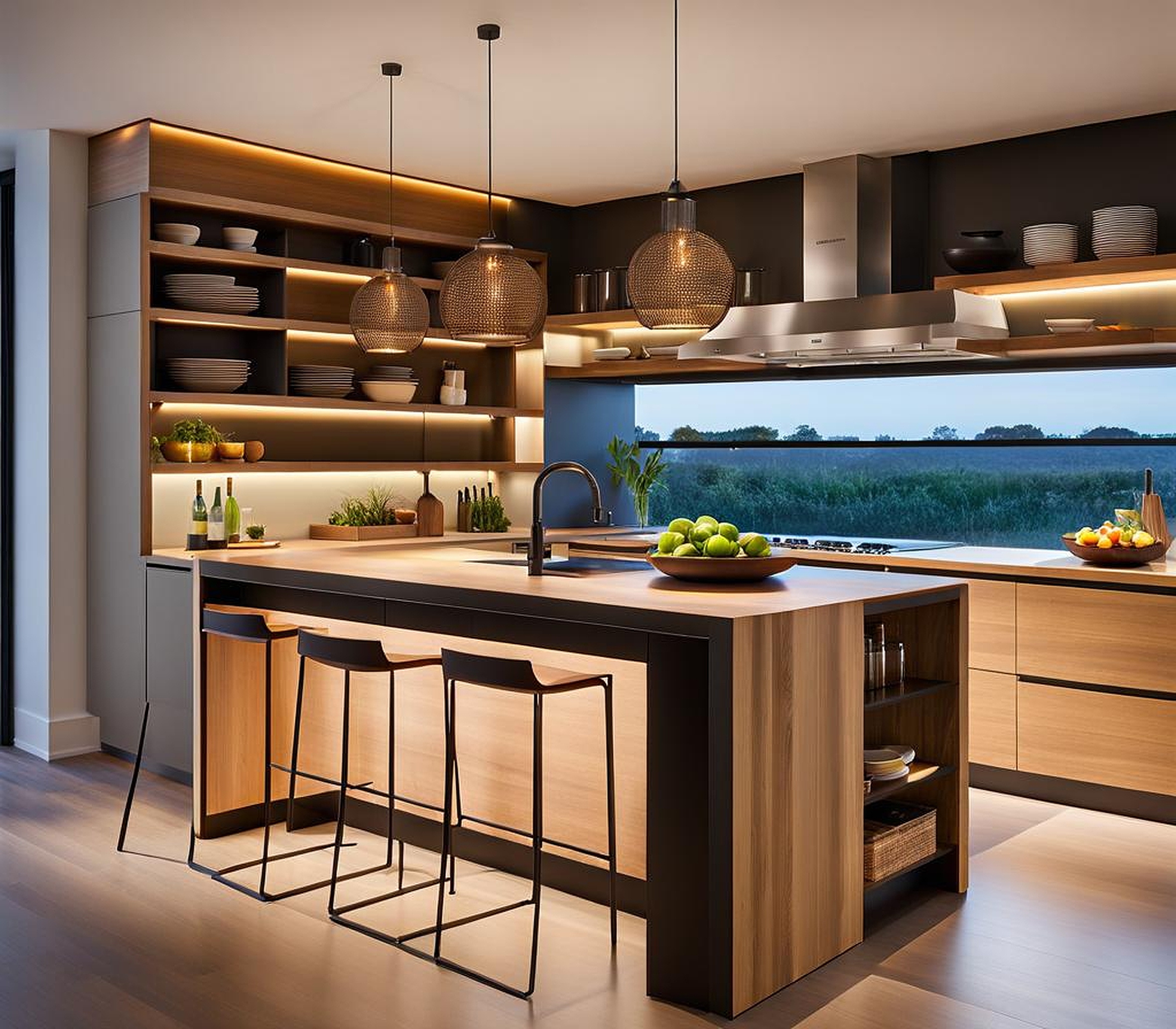 kitchen island with open shelves and seating