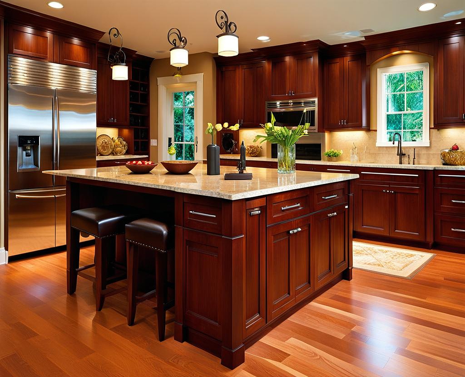 Kitchens Featuring Cherry Cabinets and Light Countertops