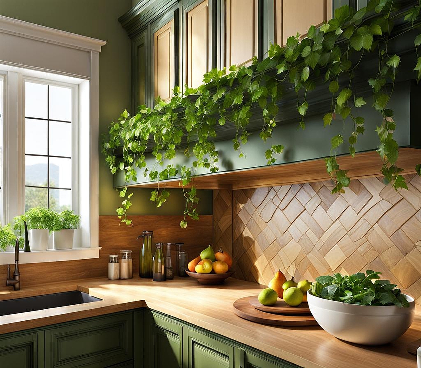 Vines and Greenery Over Cabinets Still Adorn Kitchen Cabinets