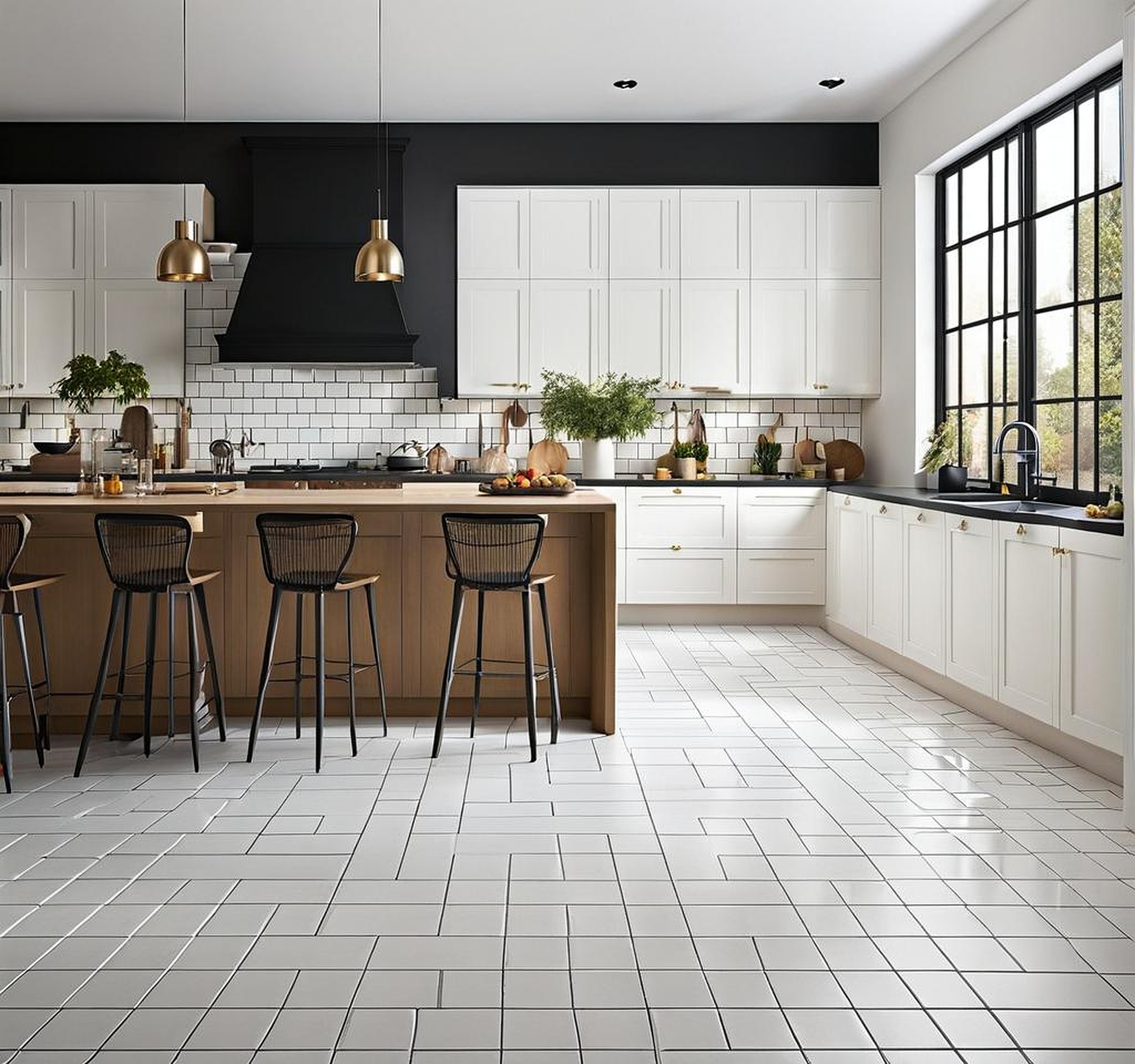 white tile black grout kitchen floor