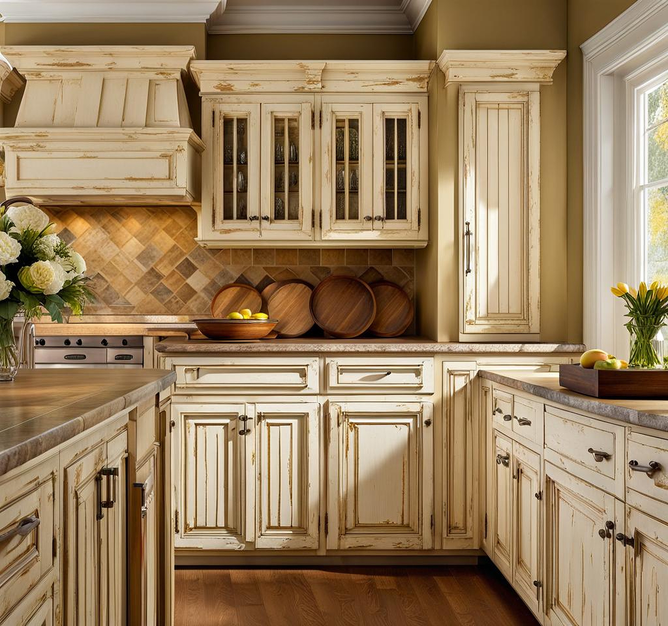 antique white distressed kitchen cabinets