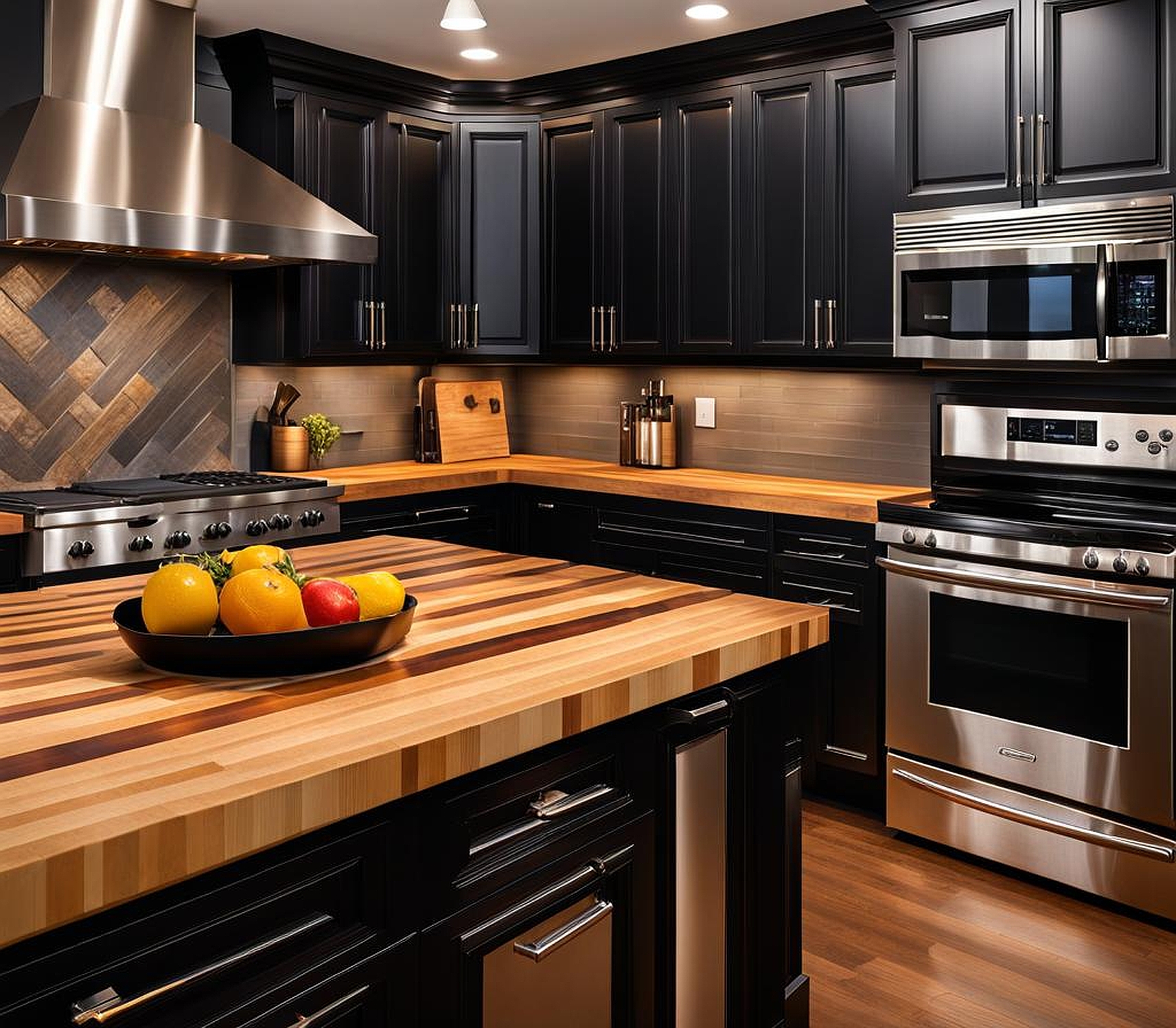 Sleek Black Cabinets, Rustic Butcher Block Charm