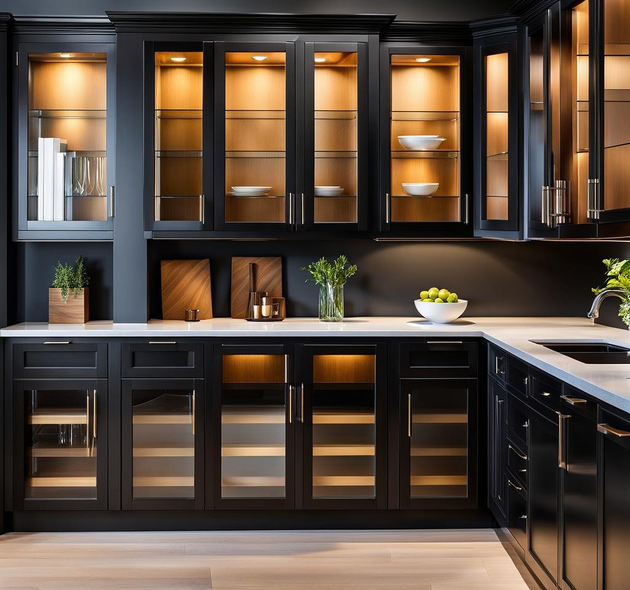 Modern Black Glass Door Corner Cabinets