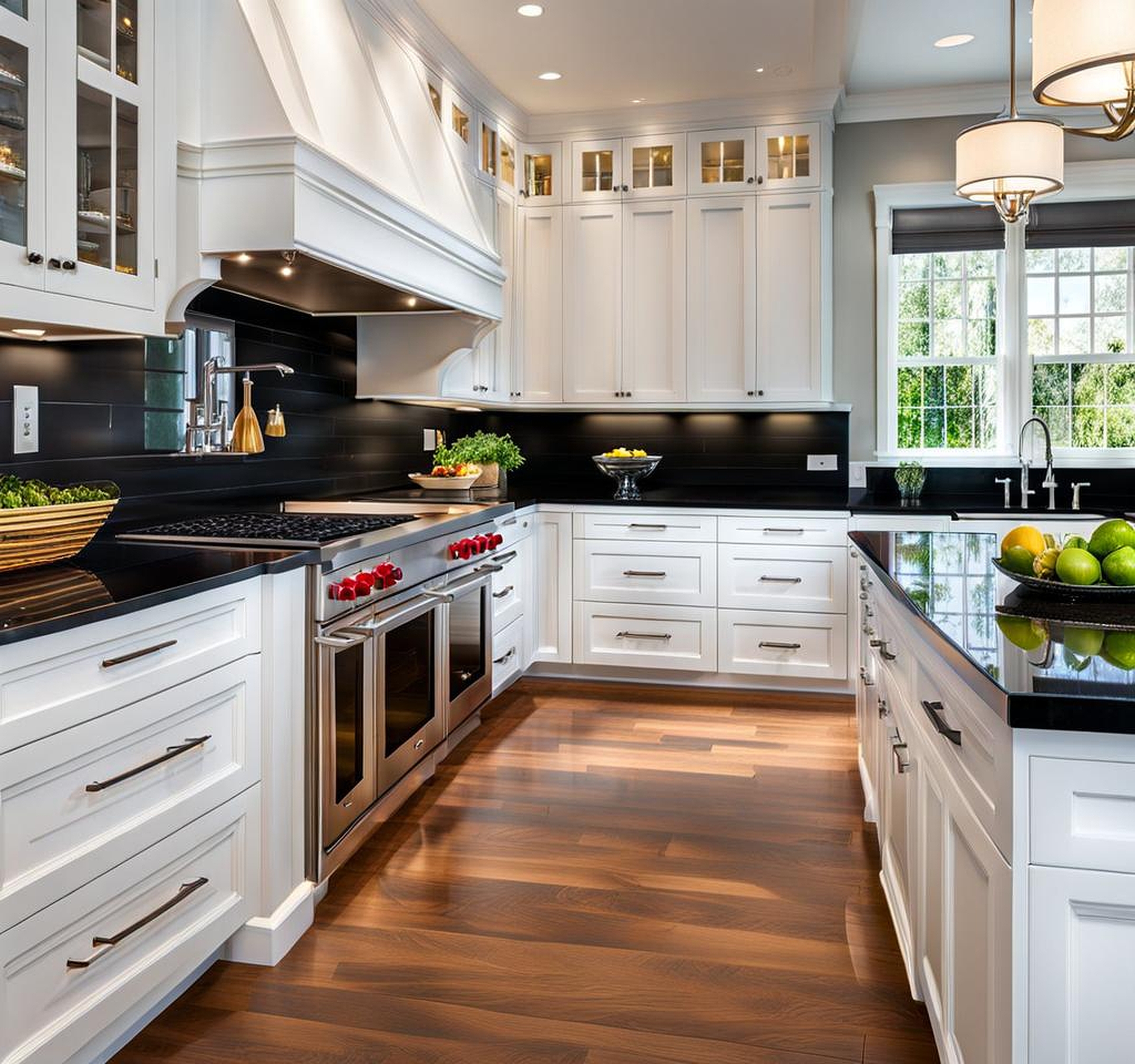 black quartz countertops with white cabinets