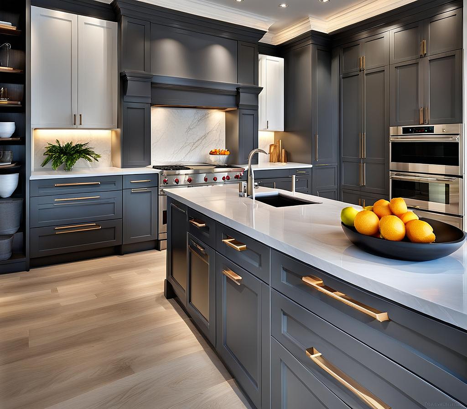 charcoal grey and white kitchen cabinets