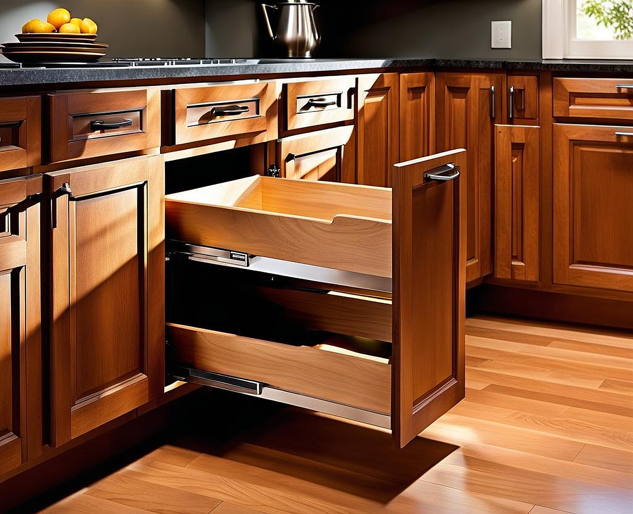 Organized Kitchen Corners with Pull Out Cabinet Drawers