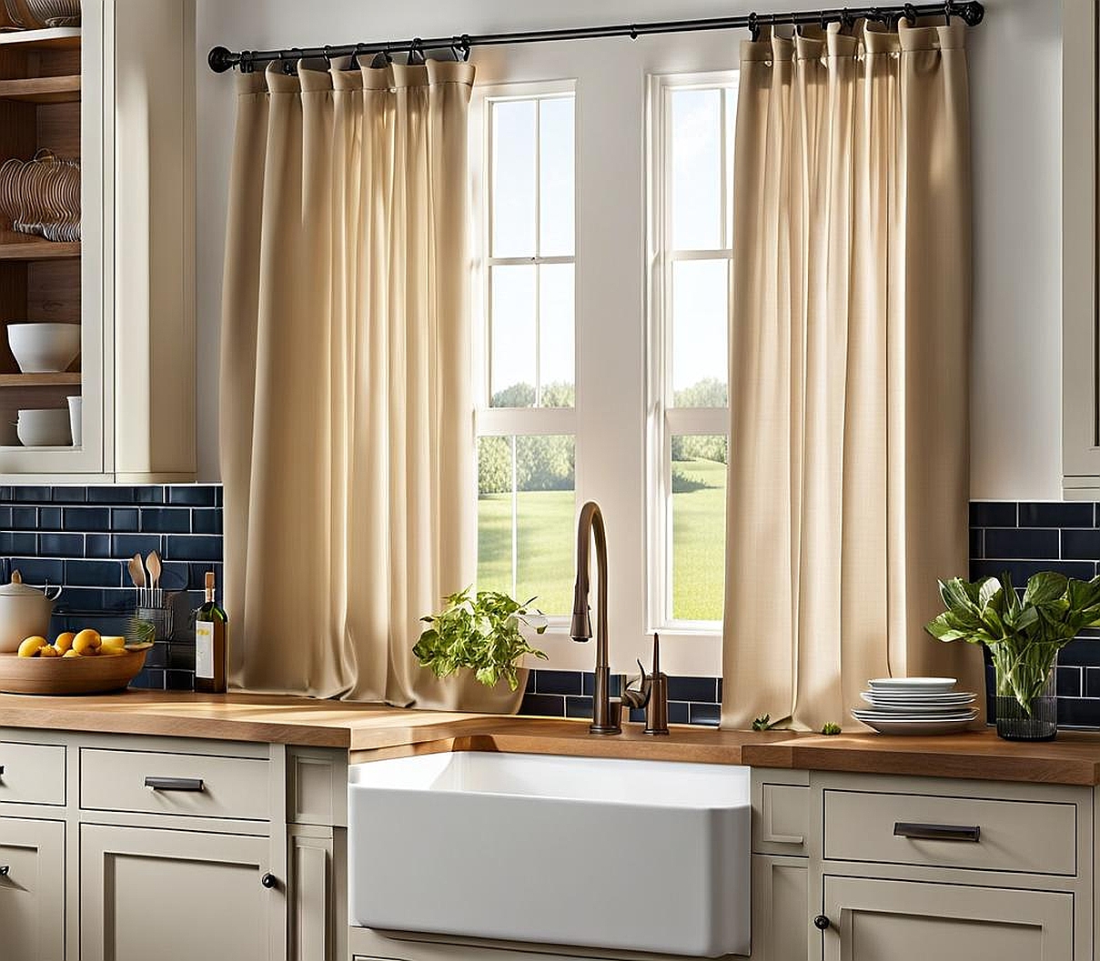 Effortlessly Stylish Curtains Over Kitchen Sink