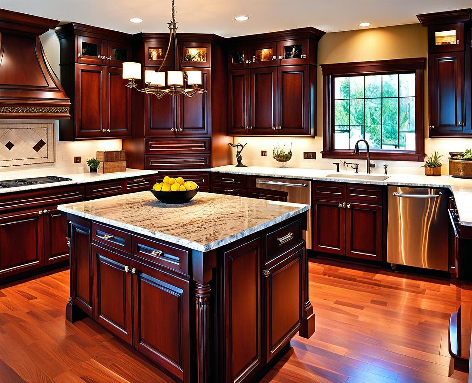 dark cherry cabinets with white countertops