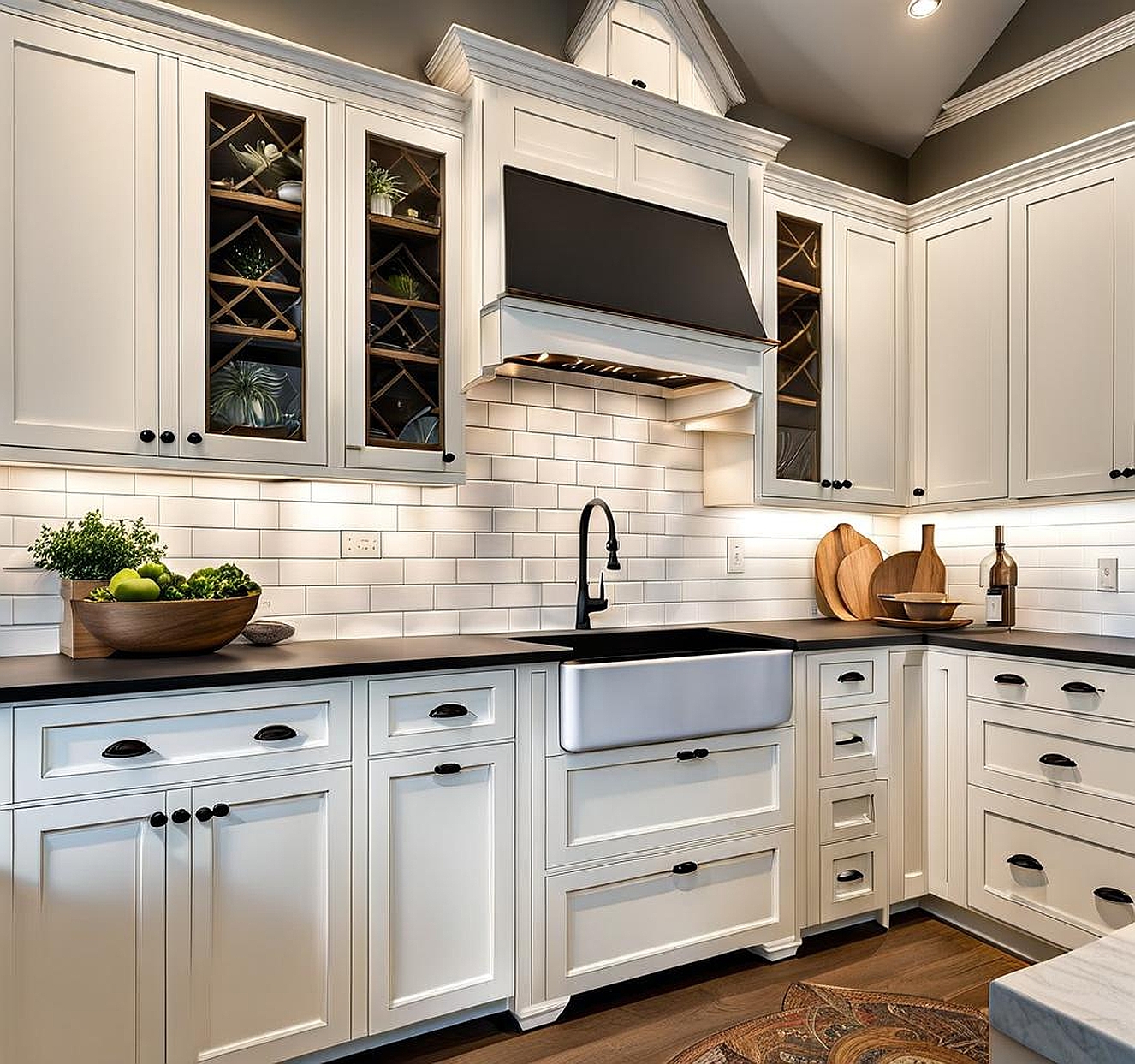 farmhouse white kitchen cabinets with black hardware