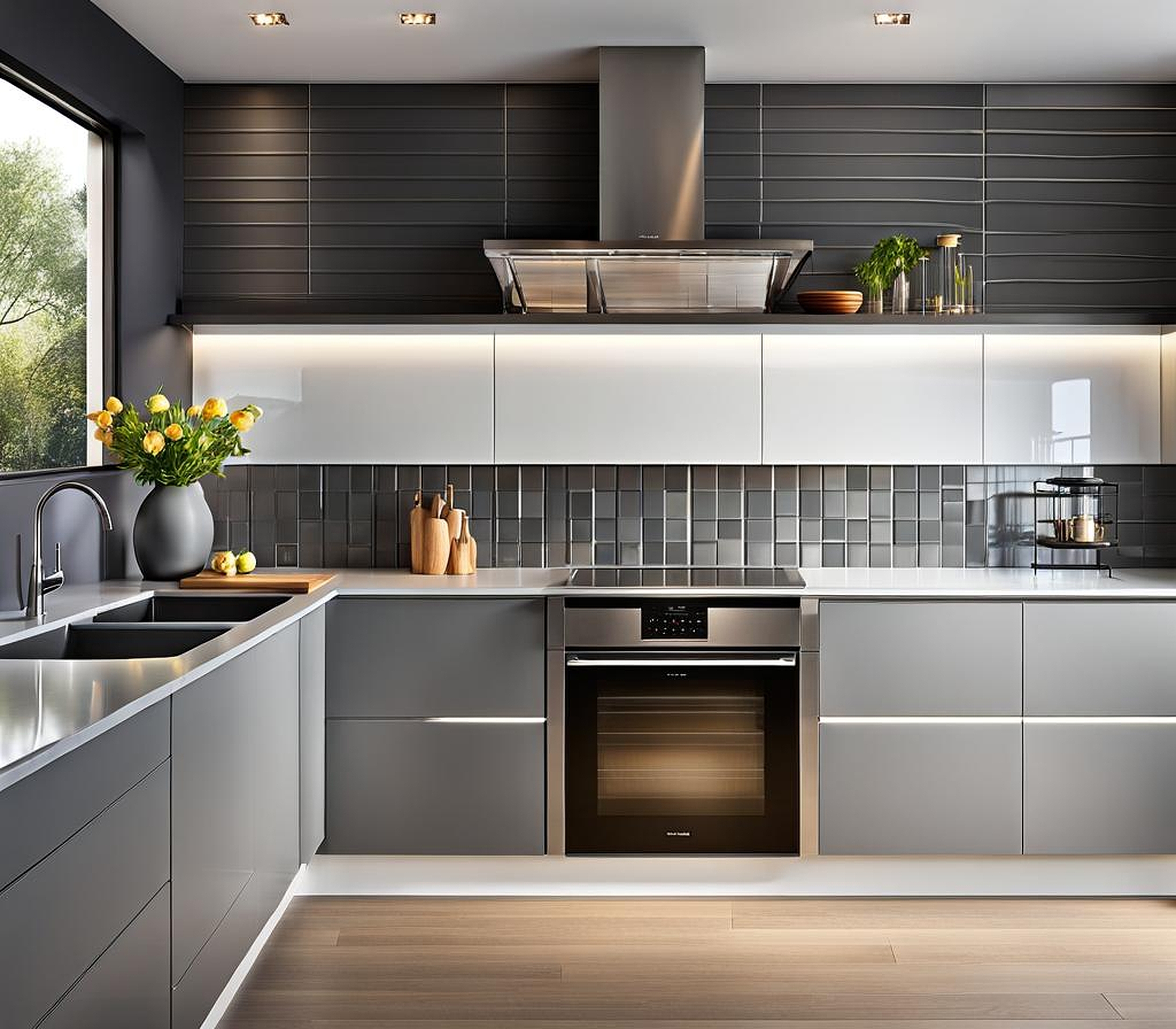 grey kitchen backsplash with white cabinets