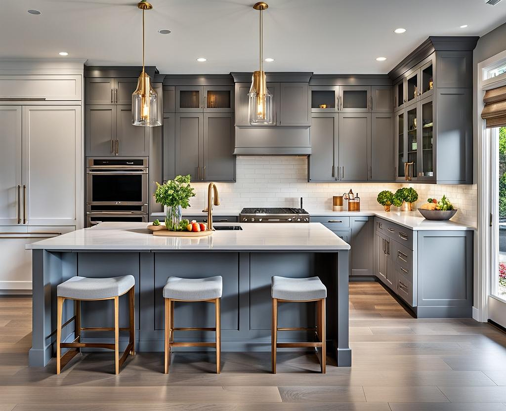 grey kitchen cabinets with white countertops