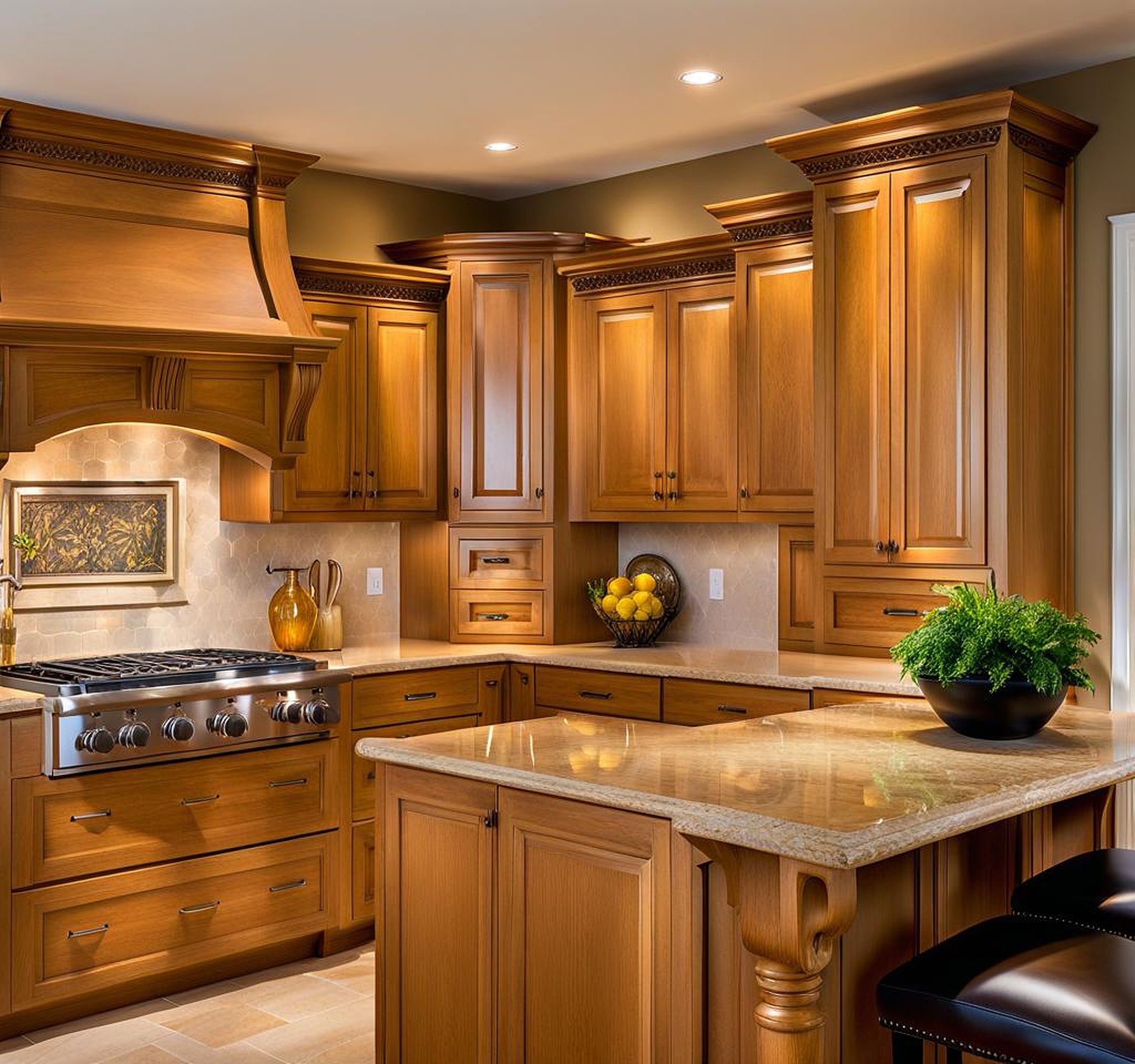 honey oak cabinets with quartz countertops