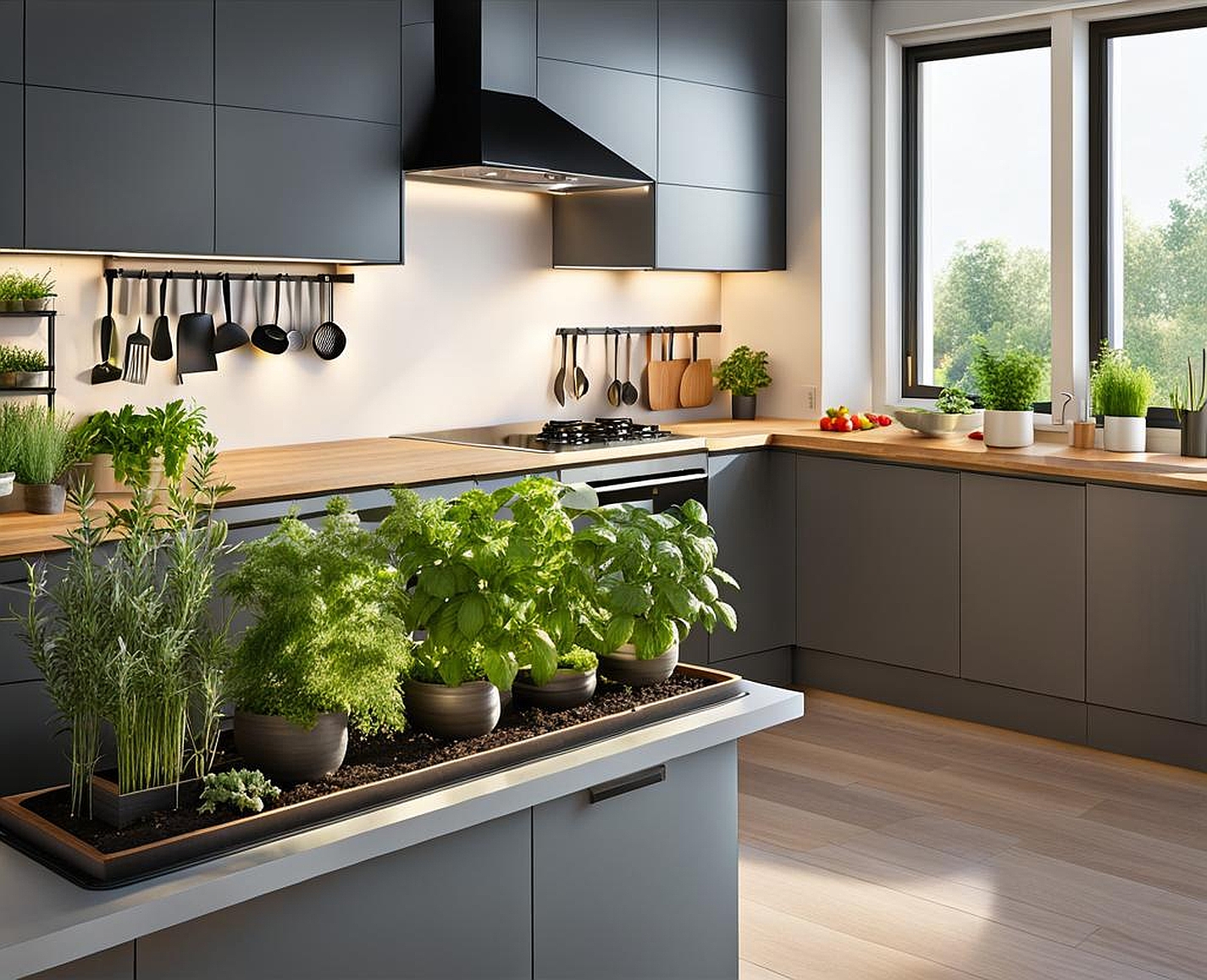 kitchen herb garden with light