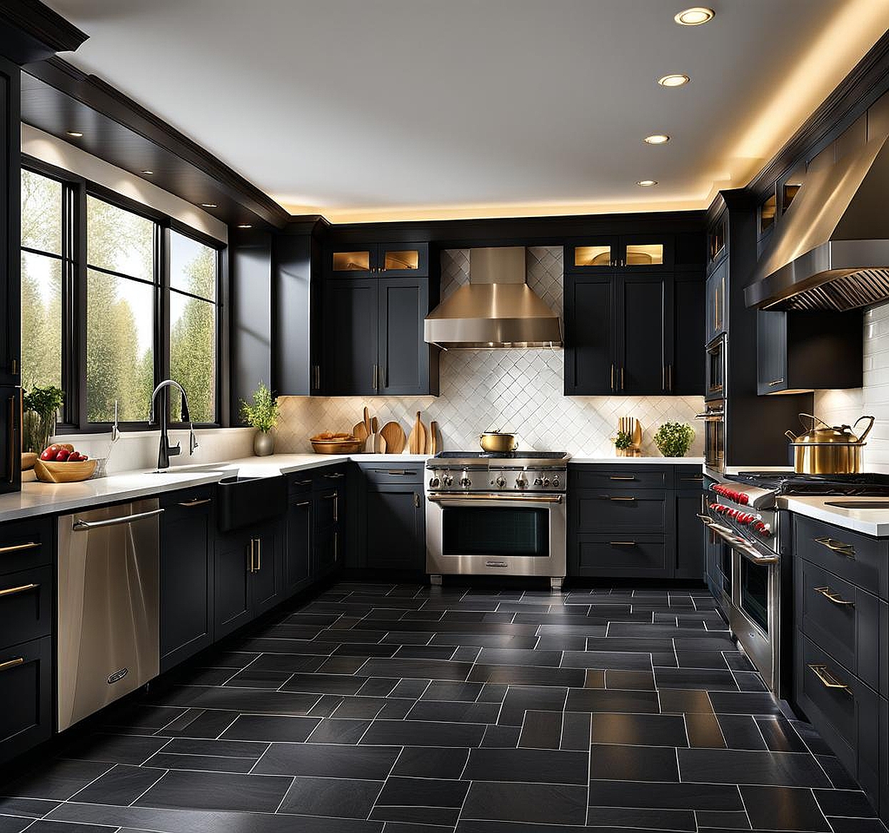 kitchens with black tile floors