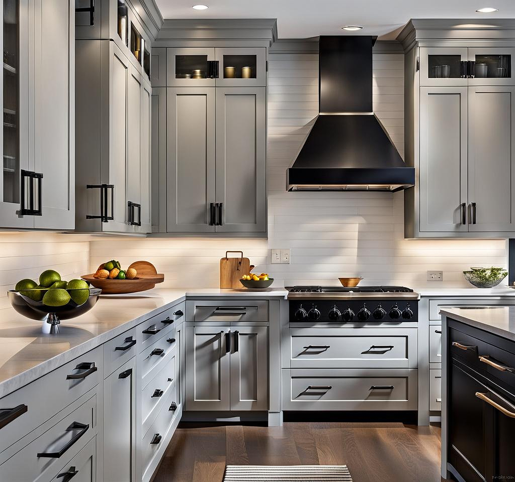 Stylish Light Gray Kitchen Cabinets with Black Hardware