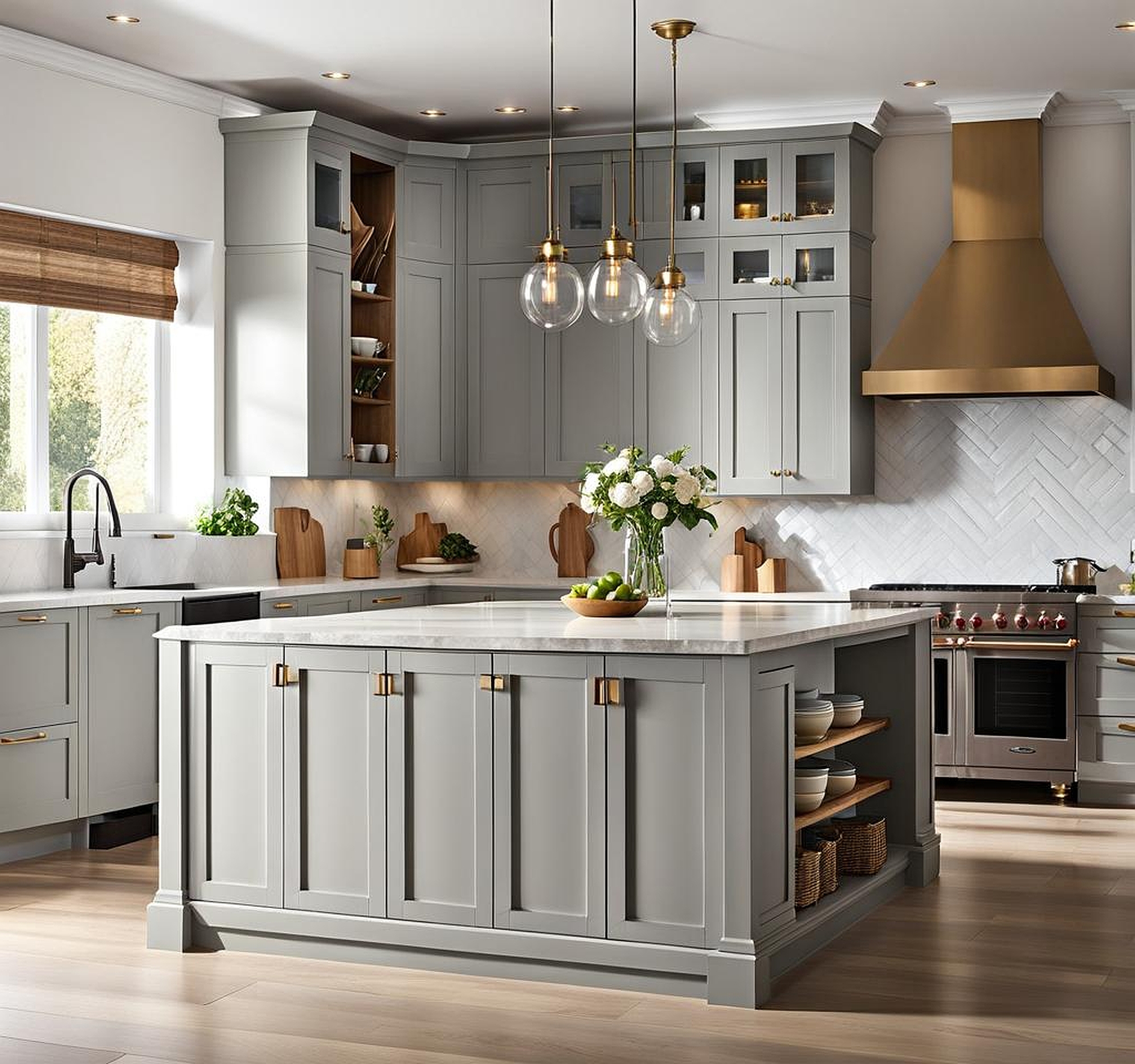 light grey kitchen cabinets with white countertops