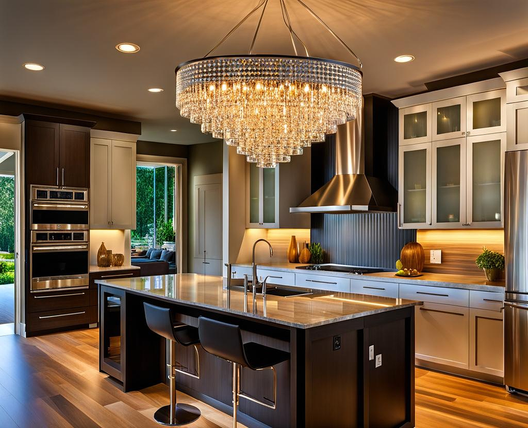 modern chandelier over kitchen island