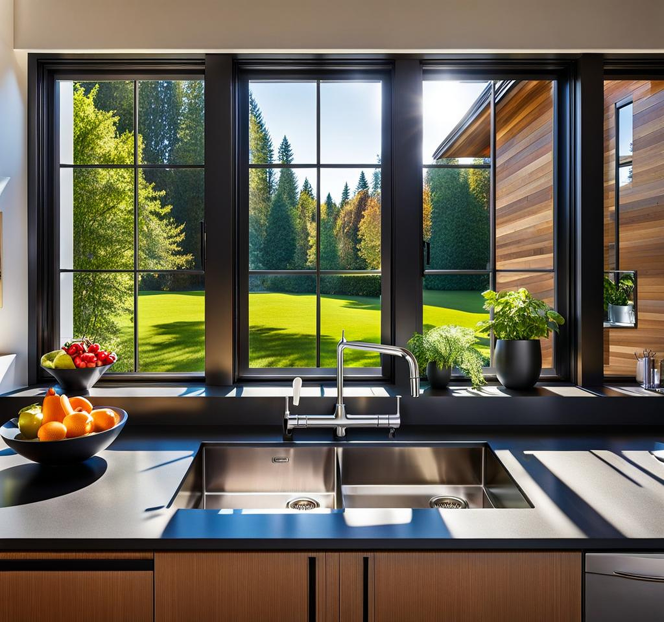 Luminous Modern Windows Overlooking Kitchen Sinks