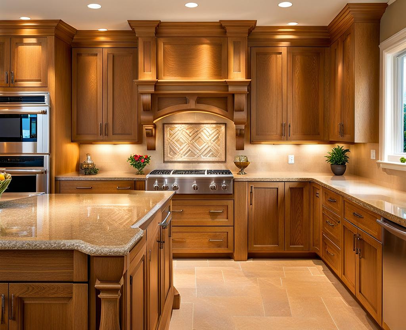 Exquisite Oak Cabinets Complemented by Quartz Countertop Grandeur