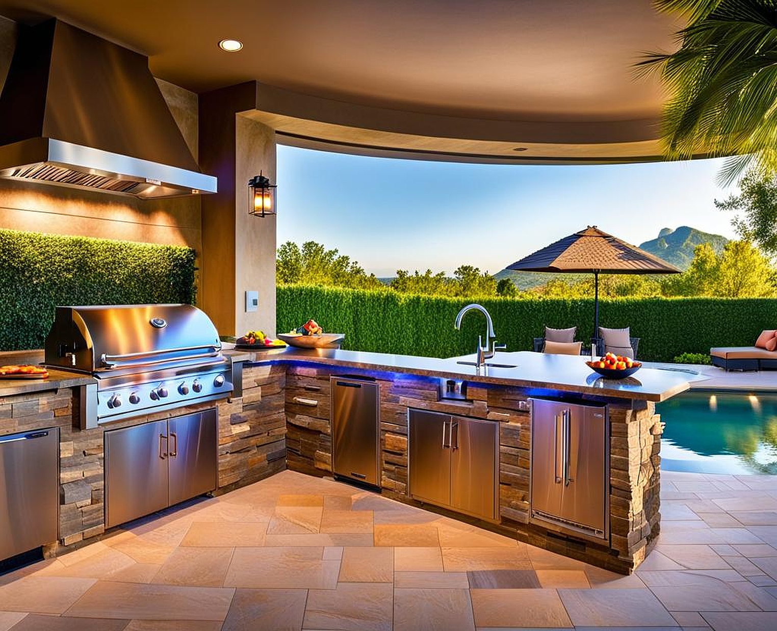 Modern Outdoor Kitchen Designs with Pool Integration