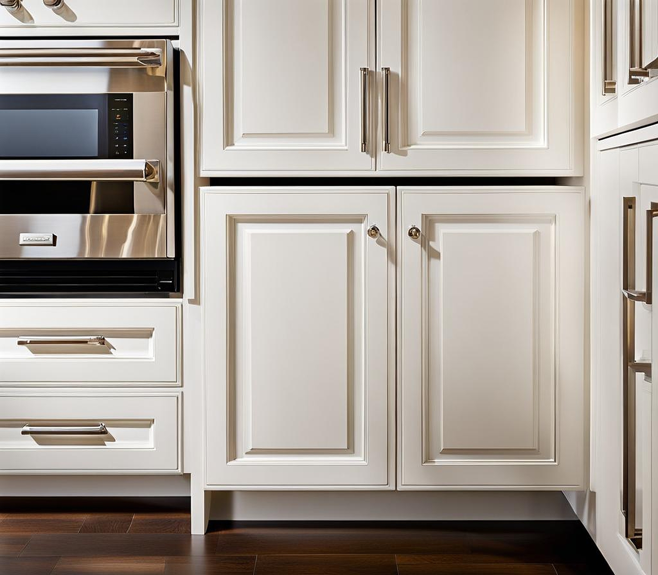 Sleek Polished Nickel Hardware for Crisp White Kitchen Cabinets