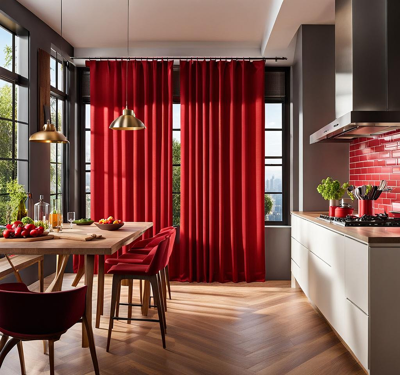 Red Curtain Allure for Contemporary Kitchens