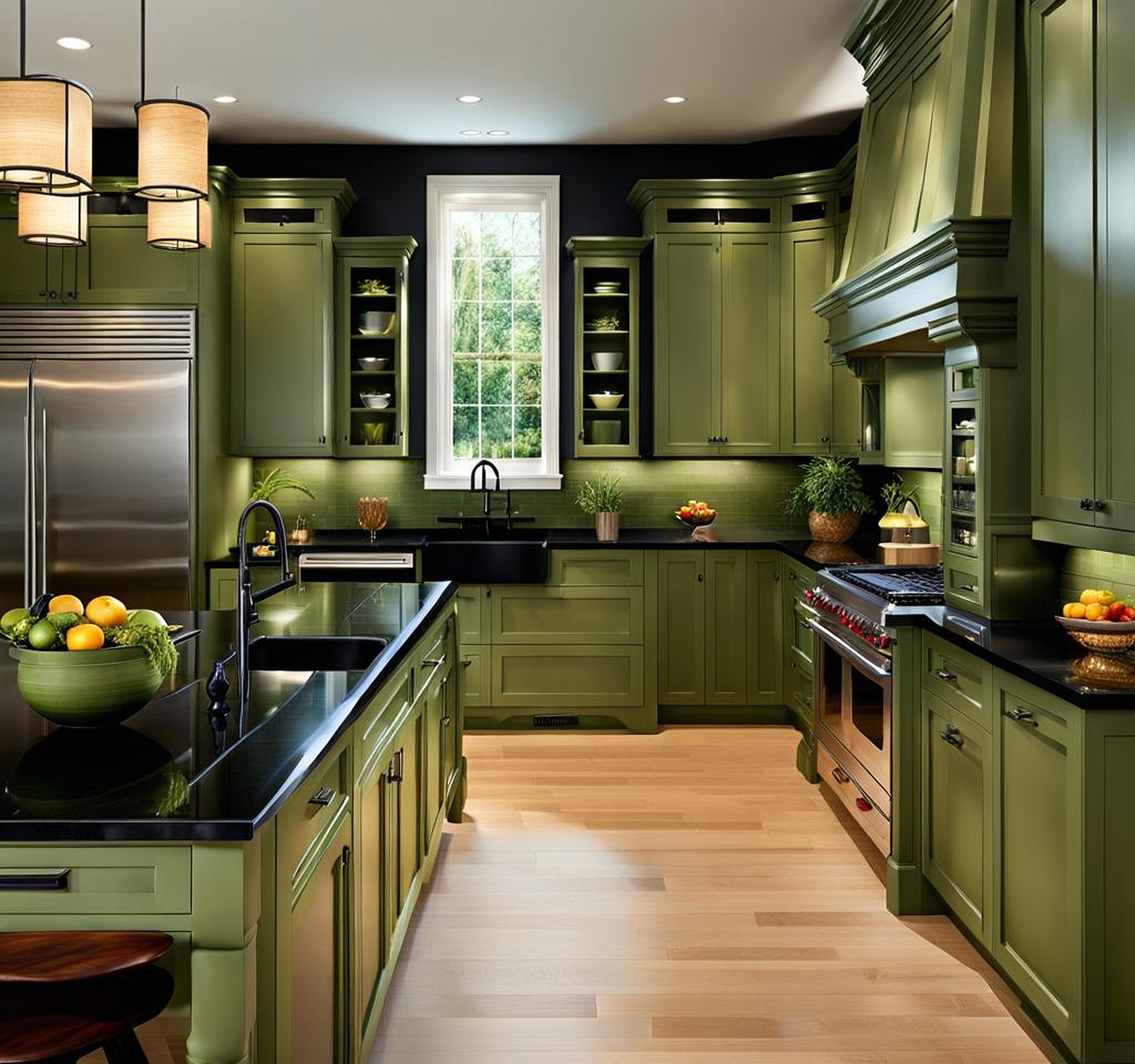 sage green kitchen cabinets with black countertops