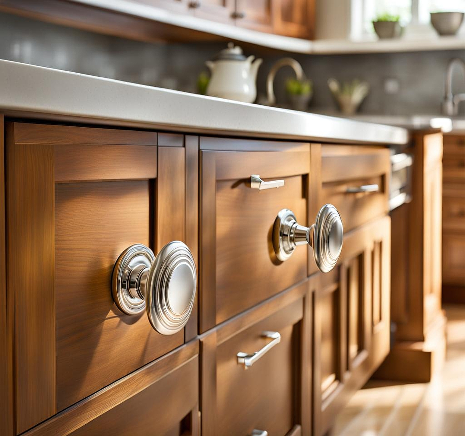 Sophisticated Silver Knobs Adorn Kitchen Cabinets