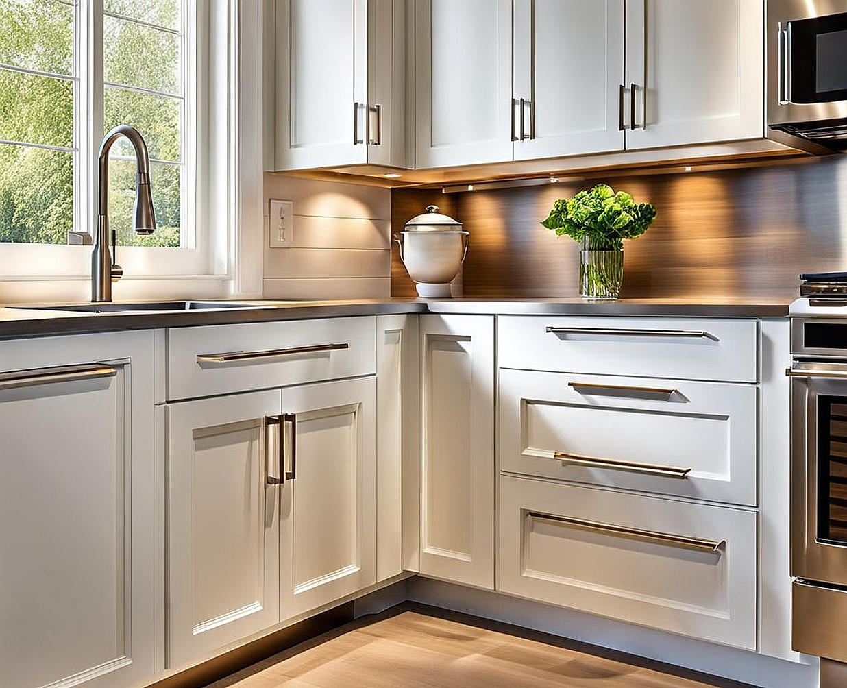 Stylish Stainless Steel Pulls Accentuate White Kitchen Cabinets