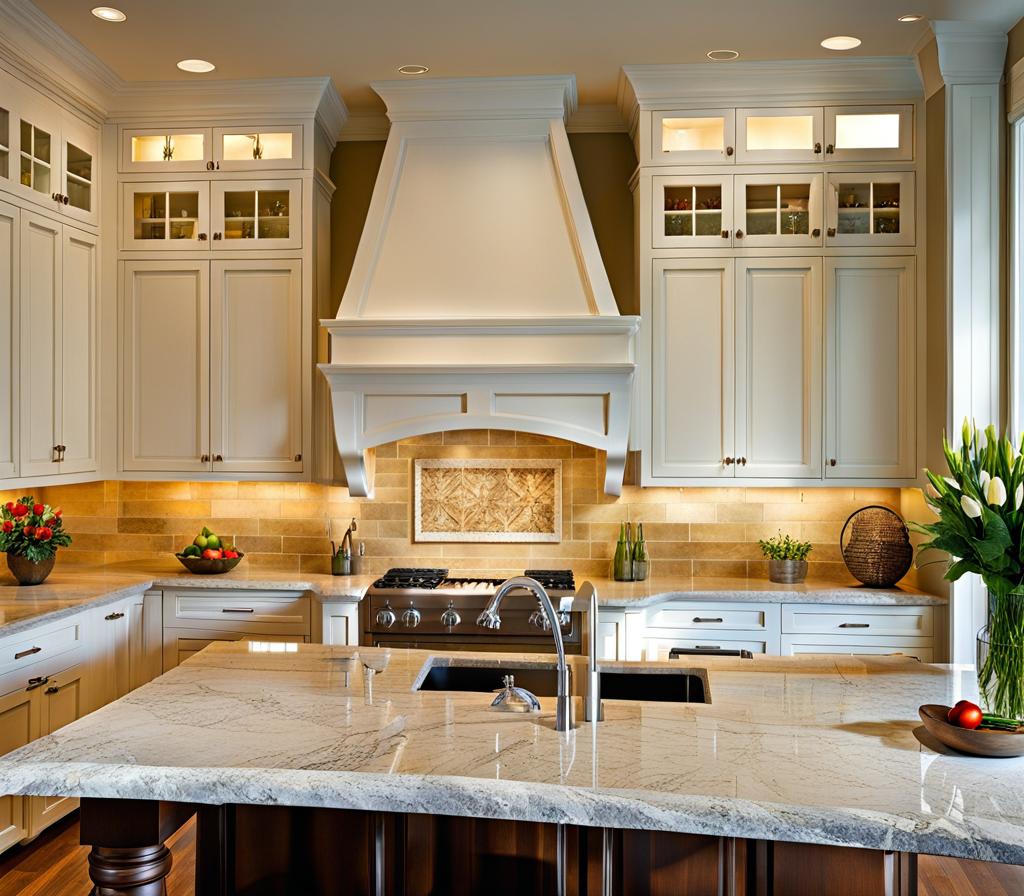 kitchens with white granite countertops