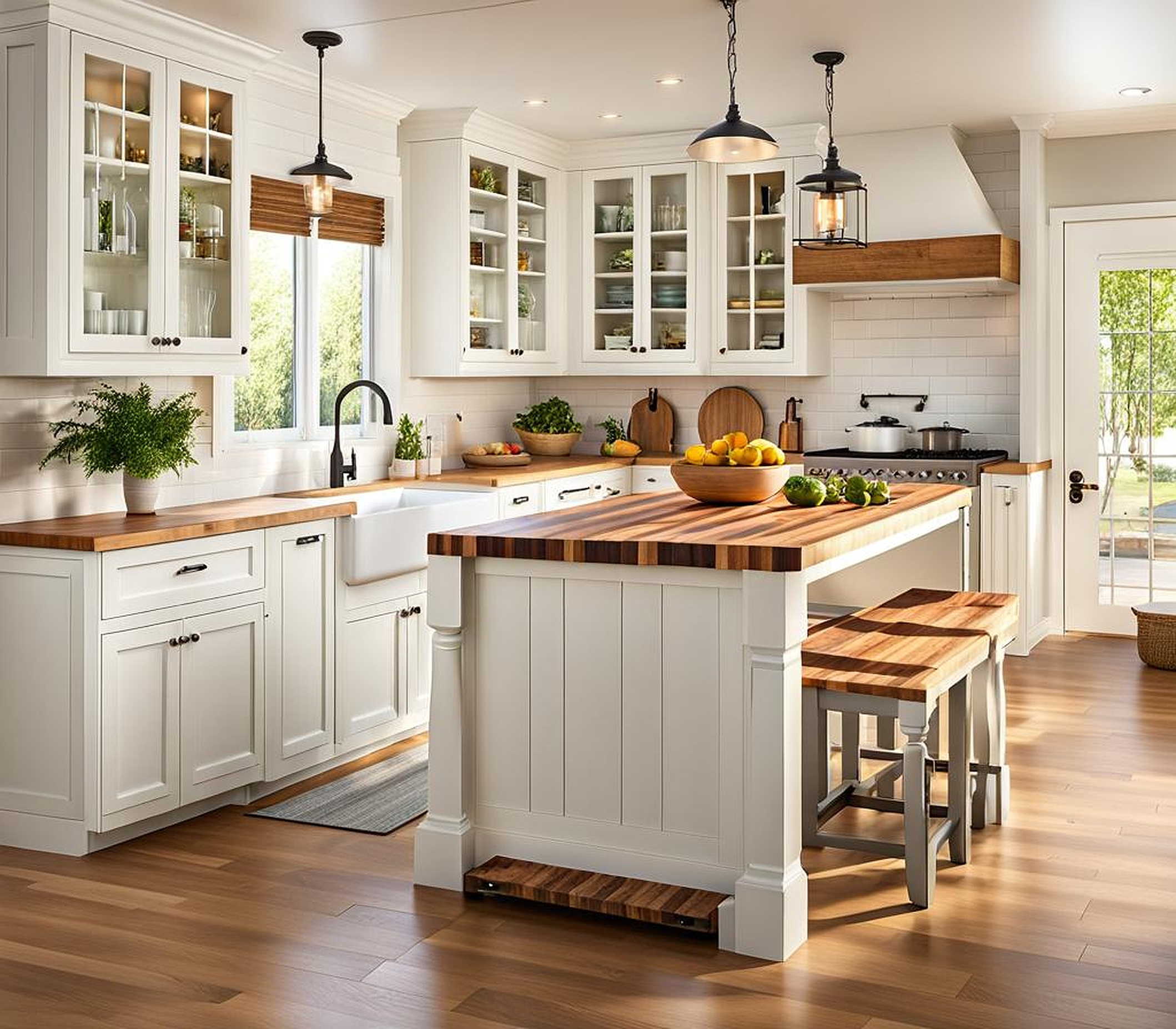 white cabinets with butcher block countertops