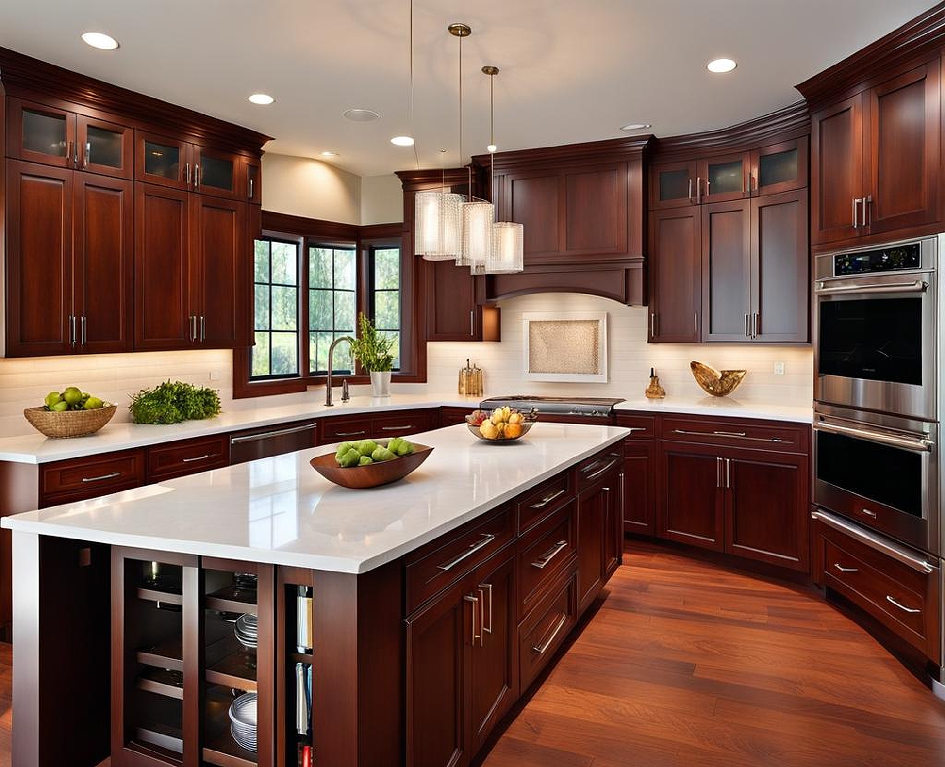 white countertops with cherry cabinets