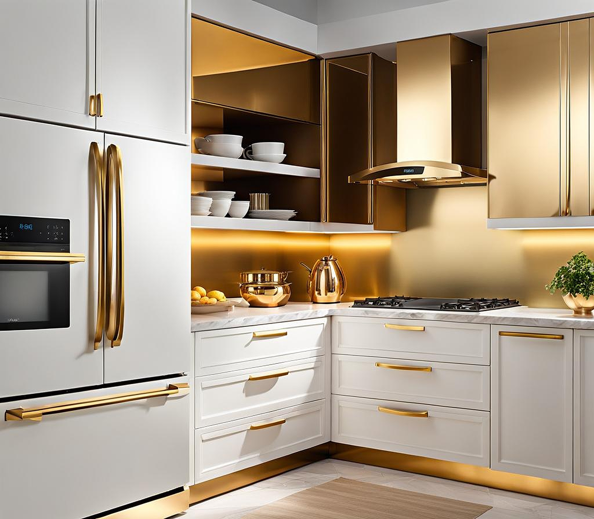 Add Glamour to Your Kitchen with White Appliances and Gold Handles