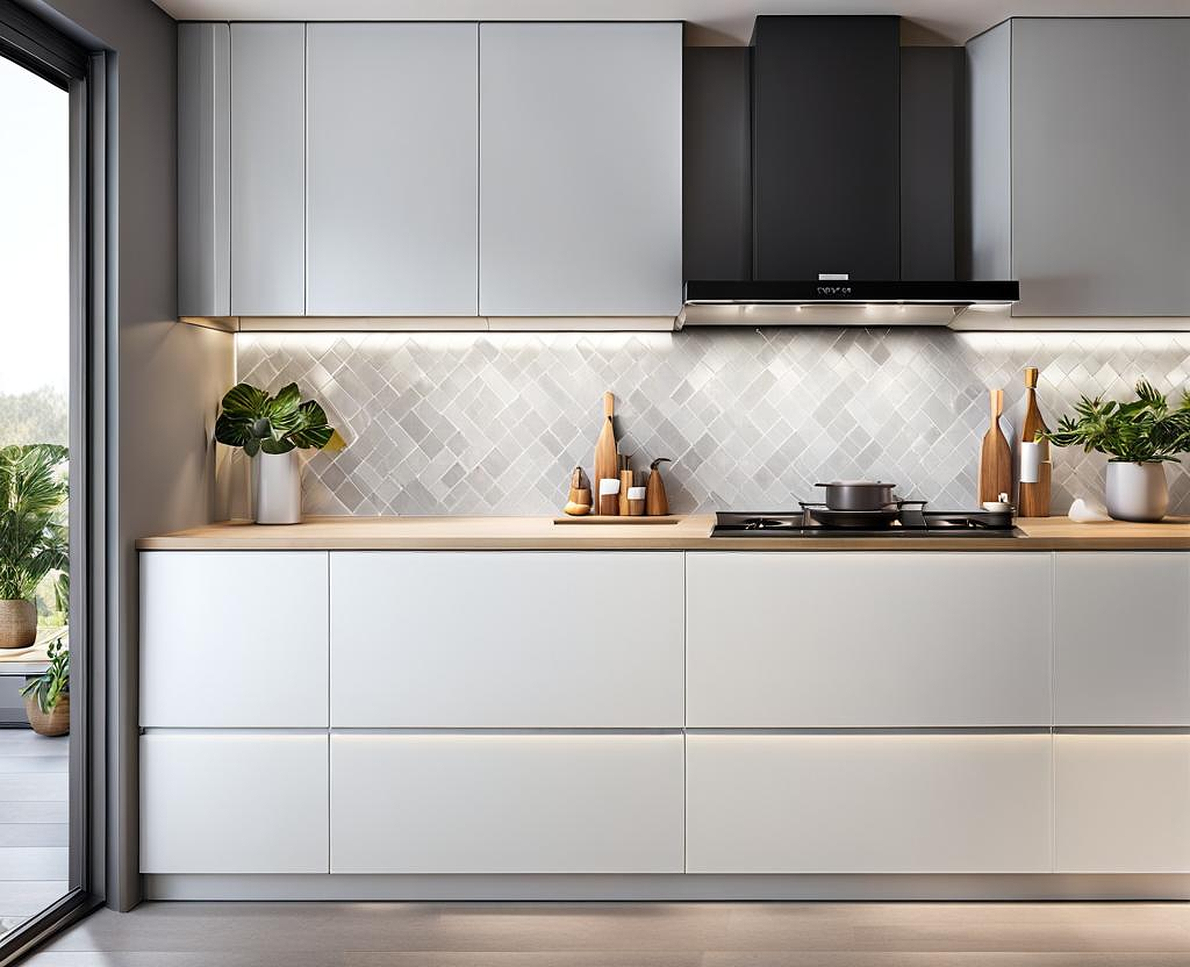 White Kitchen Serenity with Grey Backsplash Accent