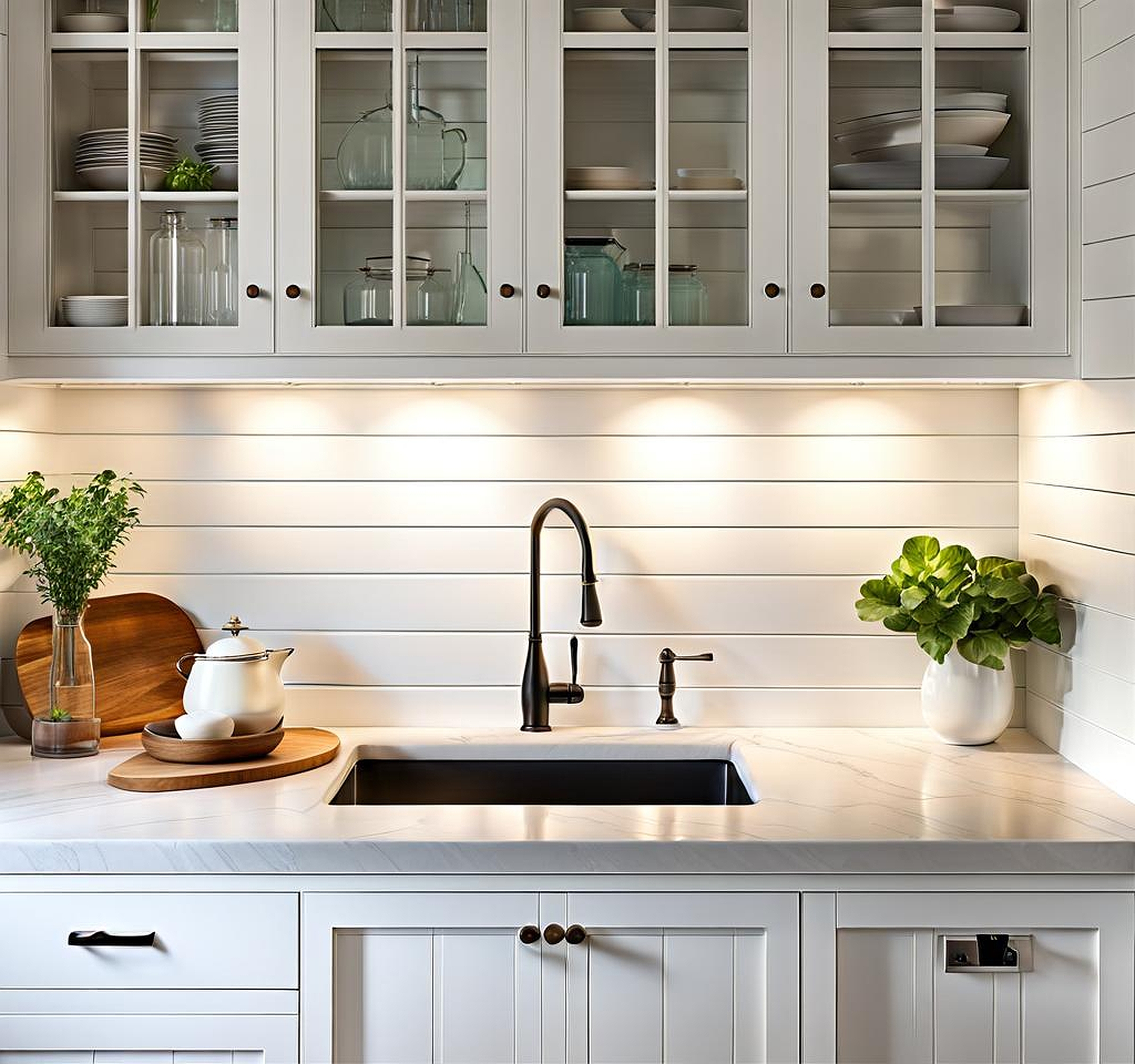 white shiplap backsplash kitchen