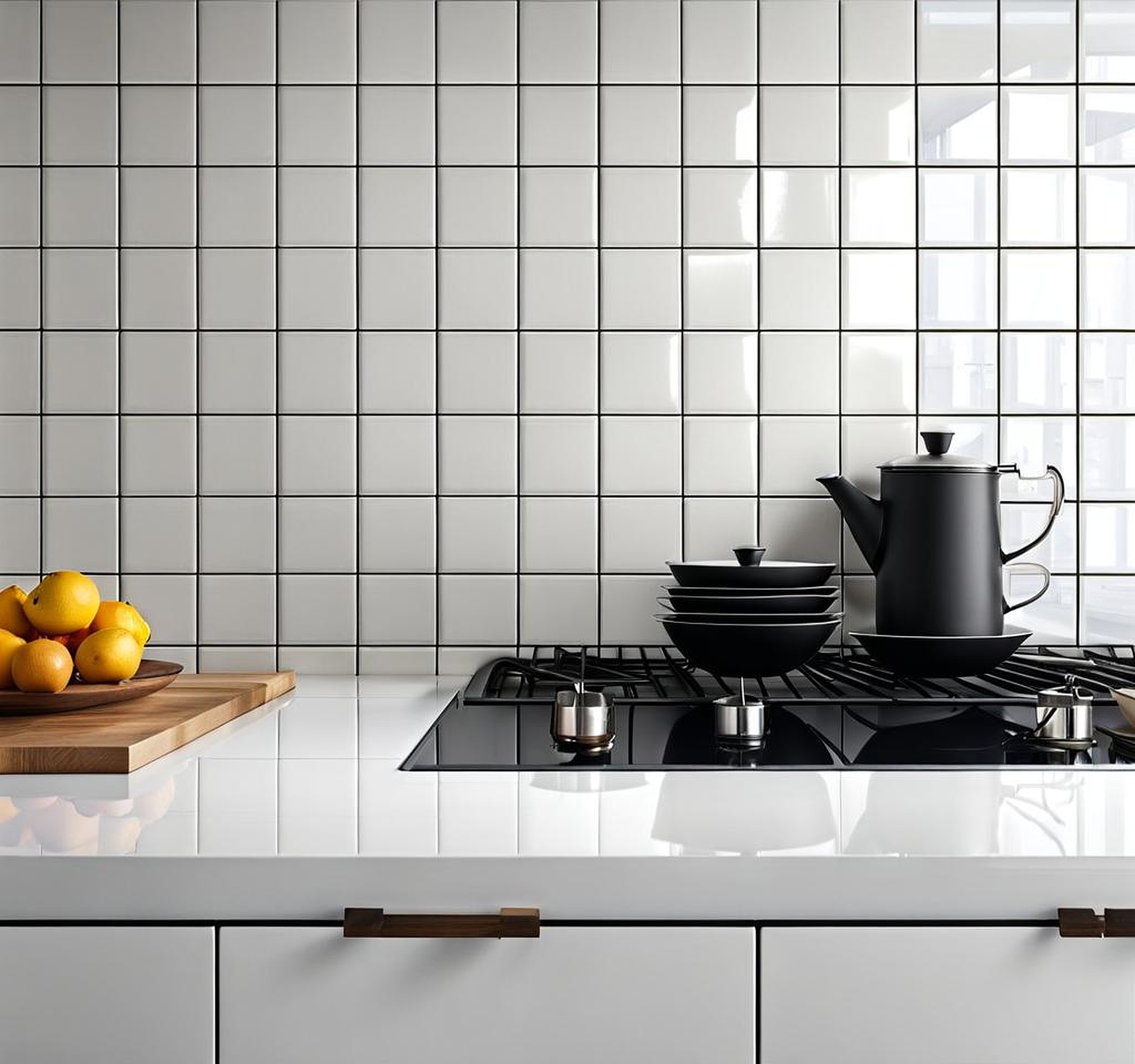 Contemporary White Tiles with Black Grout Kitchen Designs