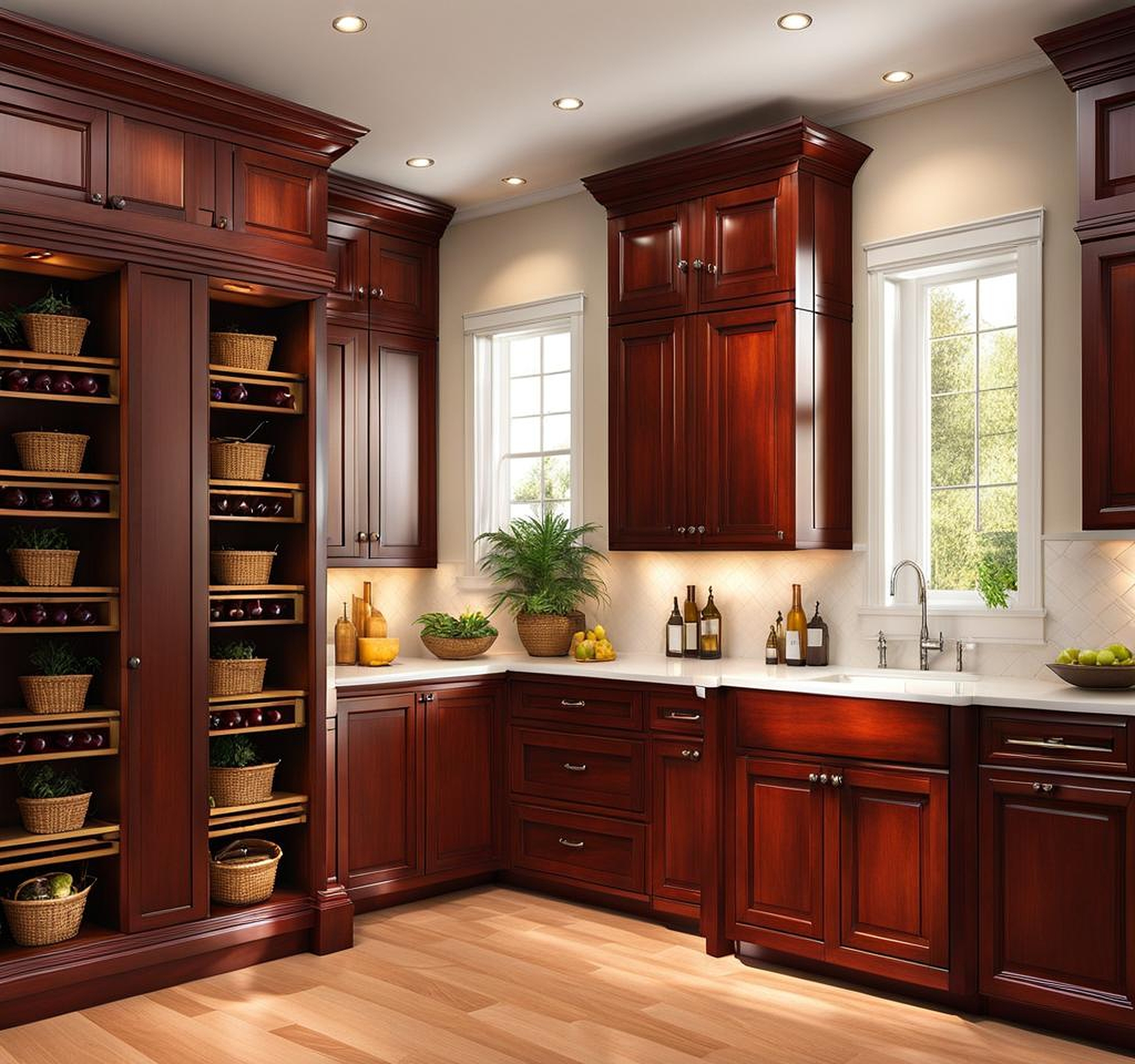 white walls cherry cabinets