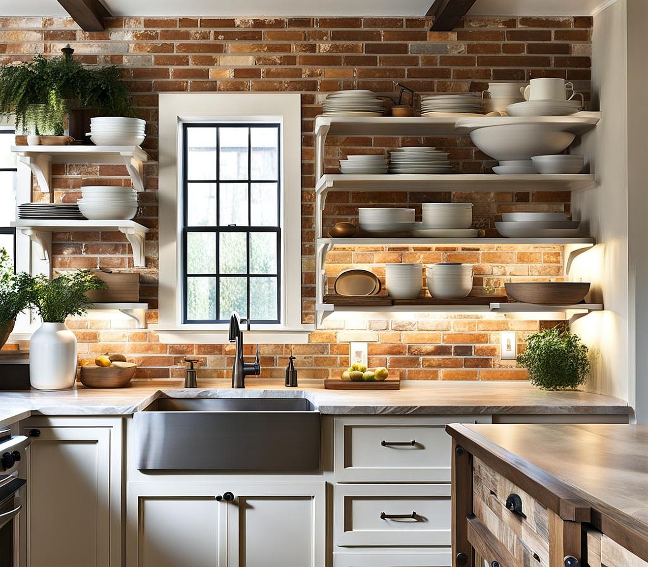 whitewash brick kitchen backsplash