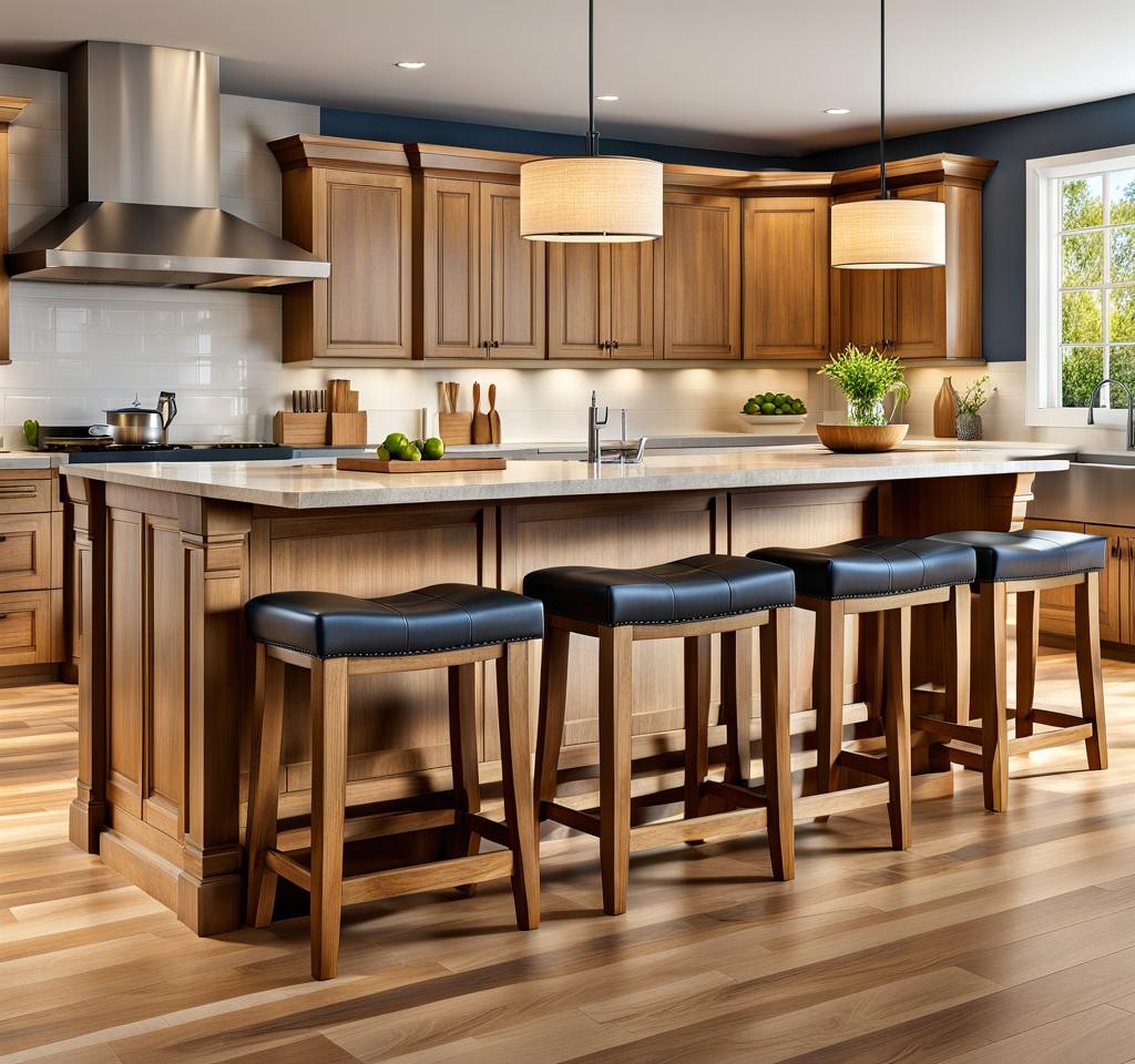 Elegant Wood Stools Adorn the Kitchen Island