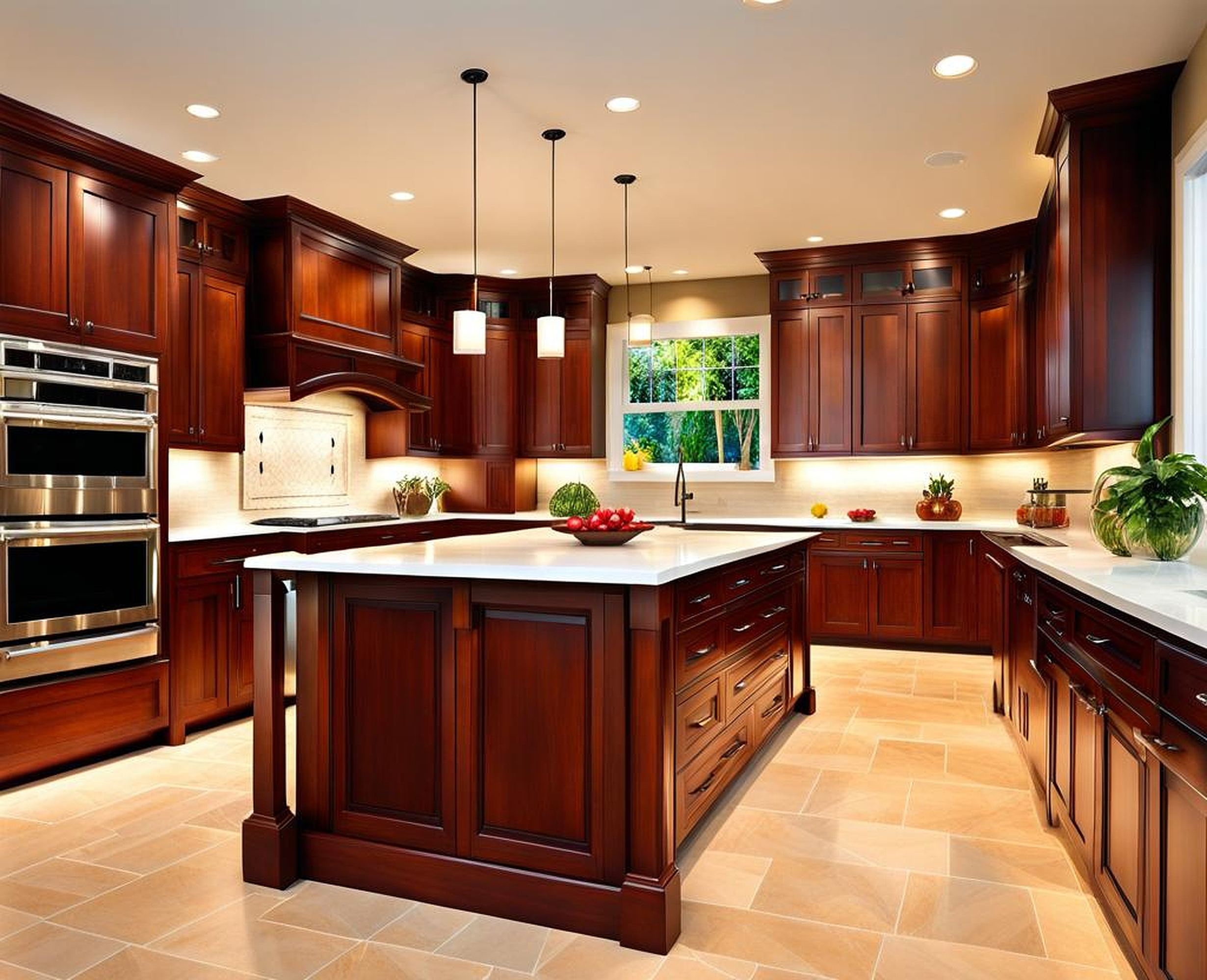 cherry cabinets and white countertops