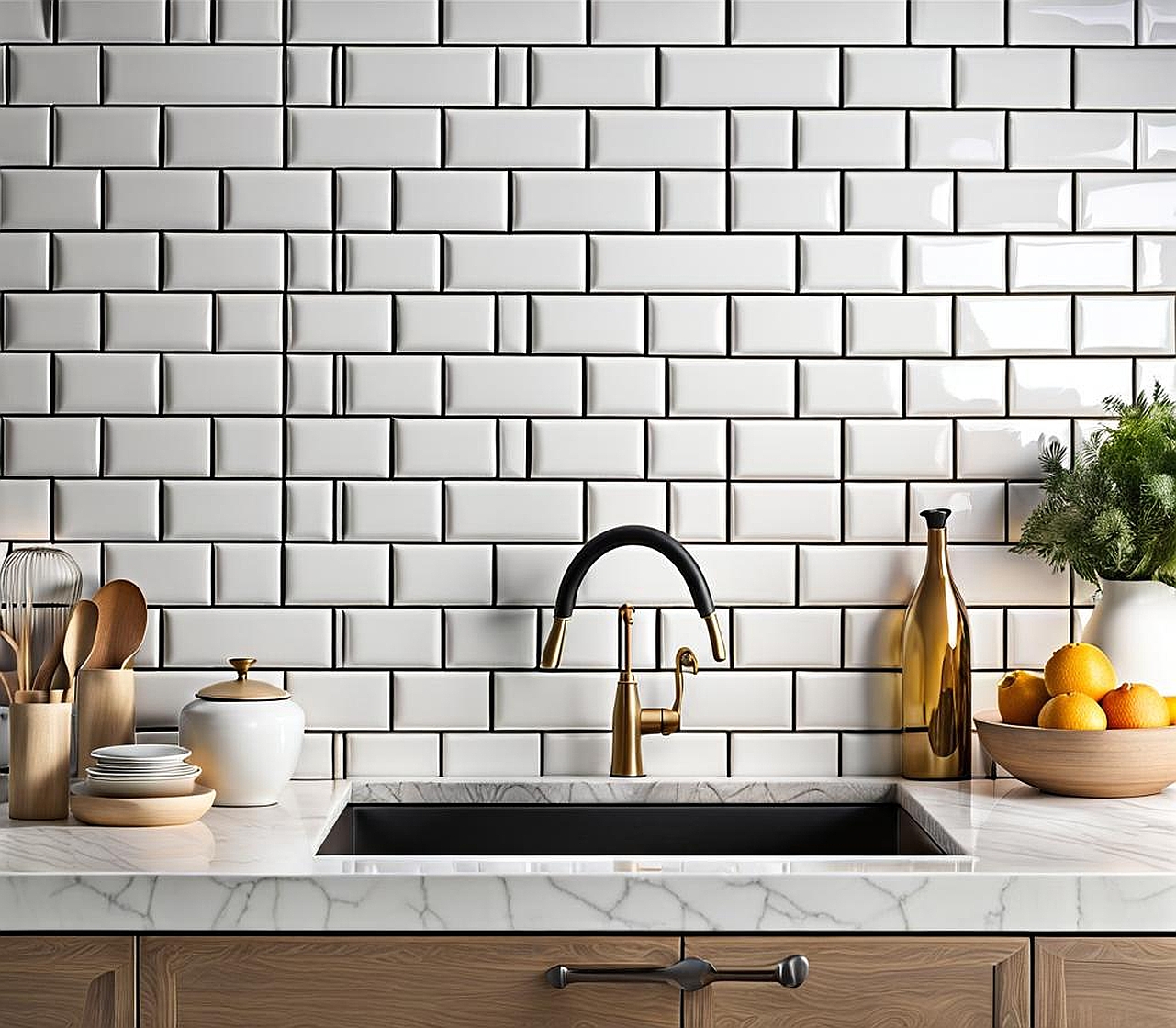 White Kitchen Backsplash with Black Grout and Whimsical Decor for a Playful Space