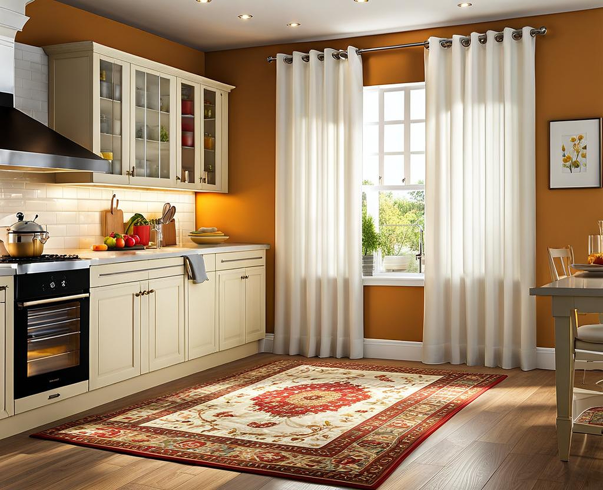 Matching Kitchen Curtains and Rugs with Sheer Fabric for a Light and Airy Look